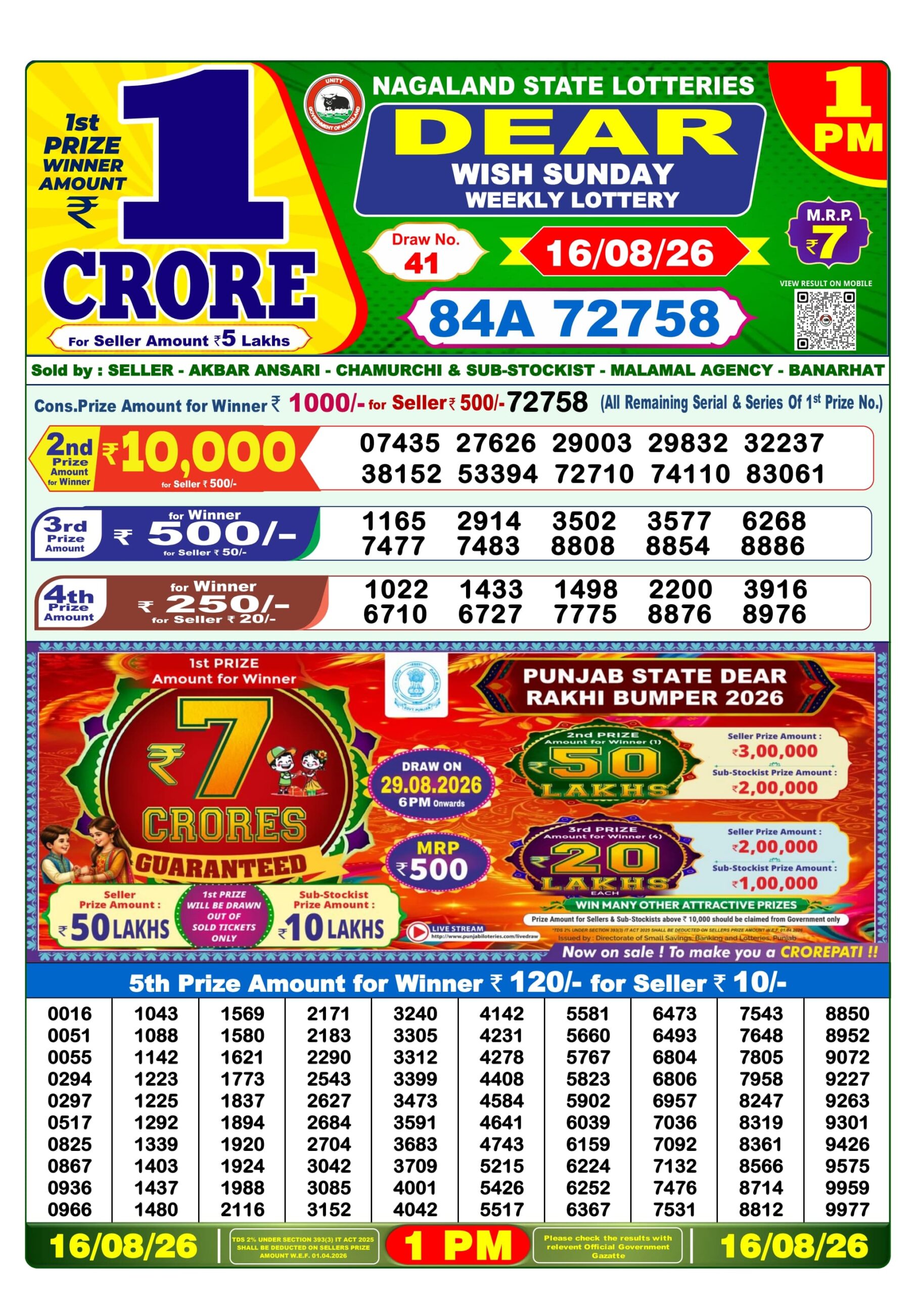 Dear 1 PM Result 16 August 2026