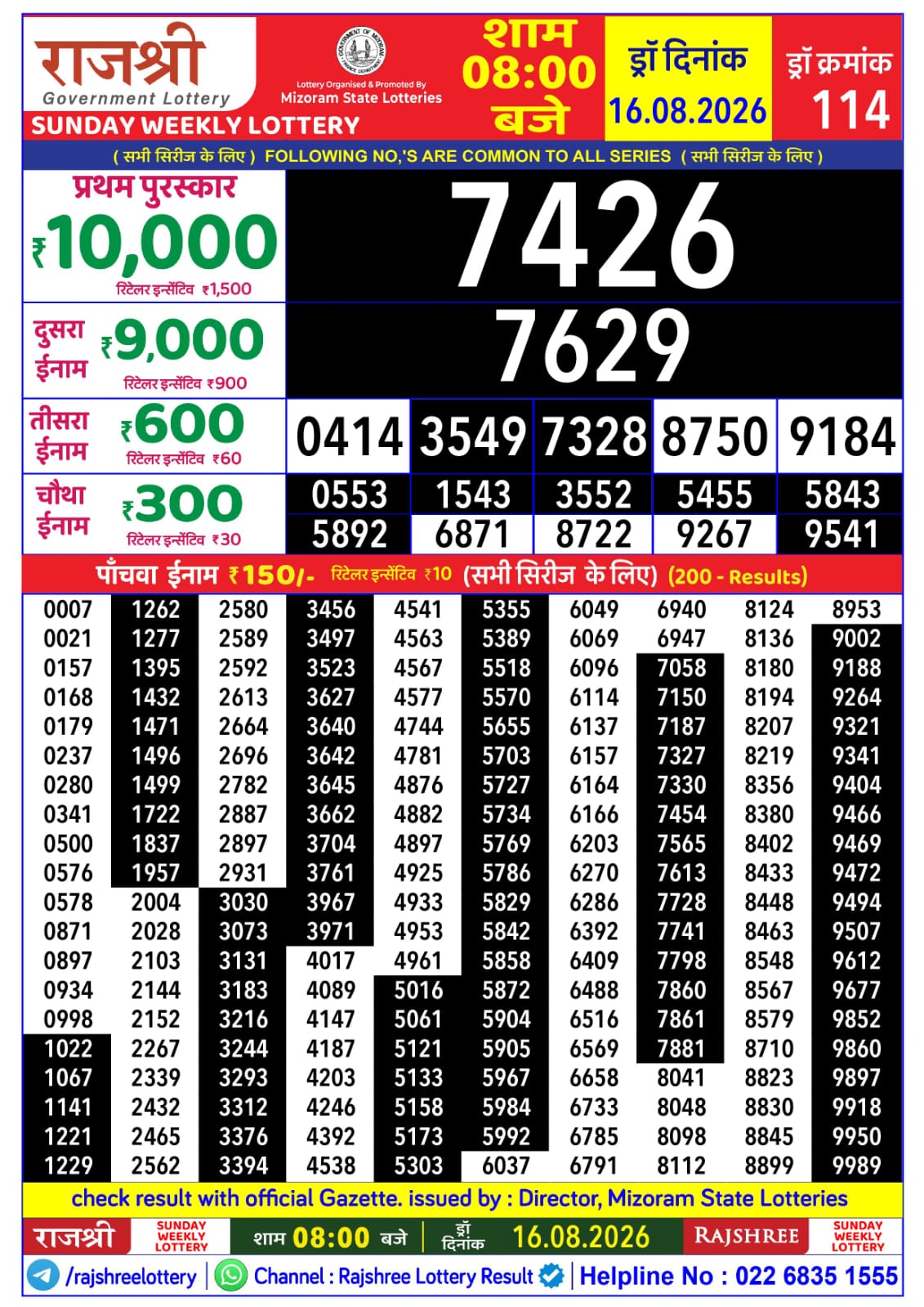Rajshree 8 PM Result 16 August 2026