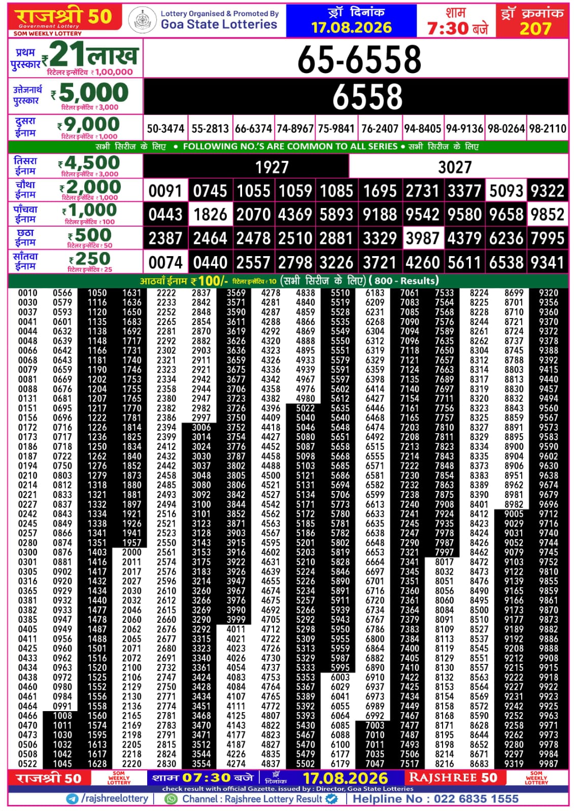Rajshree 50 7:30 PM Result 17 August 2026
