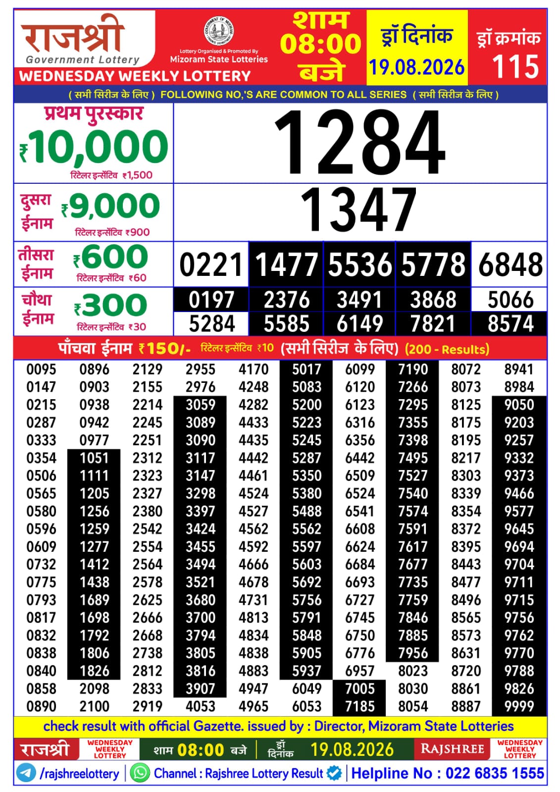 Rajshree 8 PM Result 19 August 2026