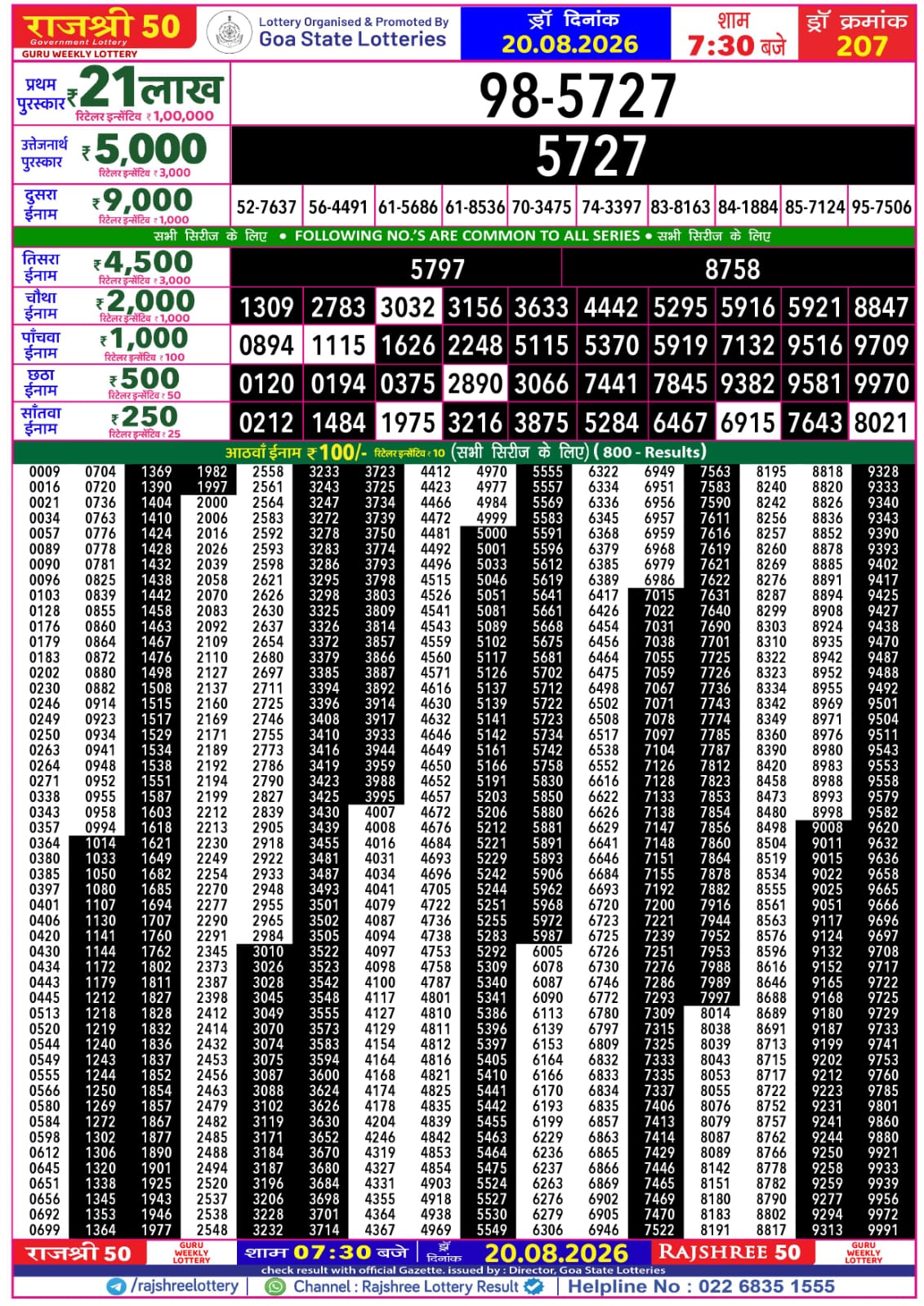Rajshree 50 7:30 PM Result 20 August 2026
