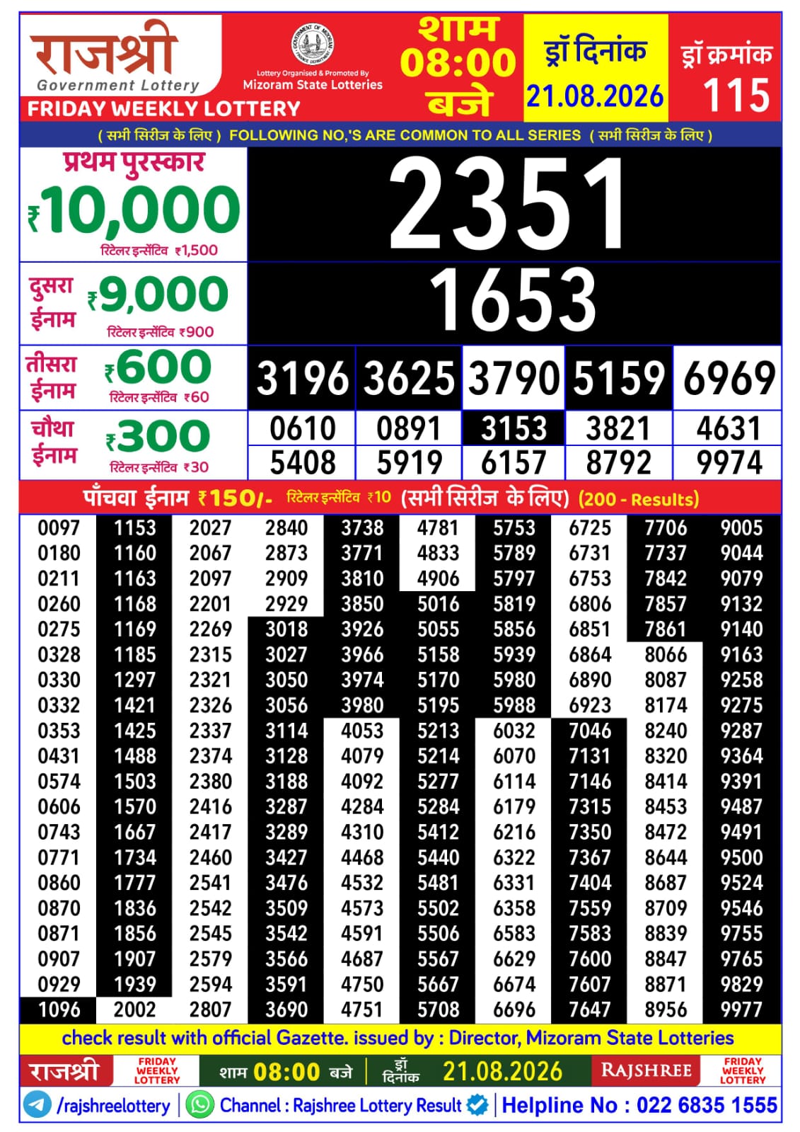 Rajshree 8 PM Result 21 August 2026