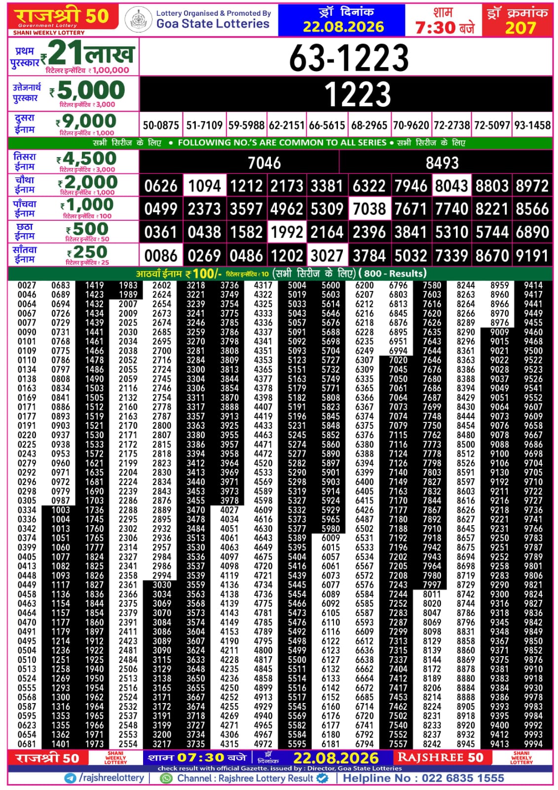 Rajshree 50 7:30 PM Result 22 August 2026