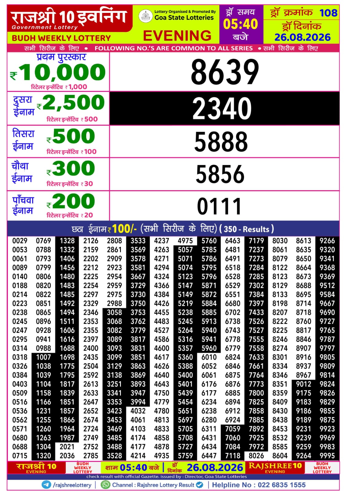 Rajshree 10 Evening 5:40 PM Result 26 August 2026