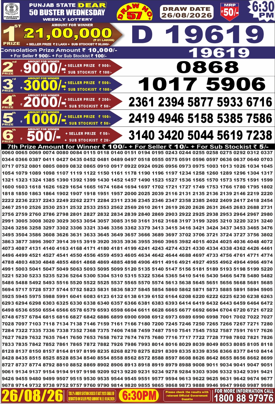 Punjab Dear 50 6:30 PM Result 26 August 2026