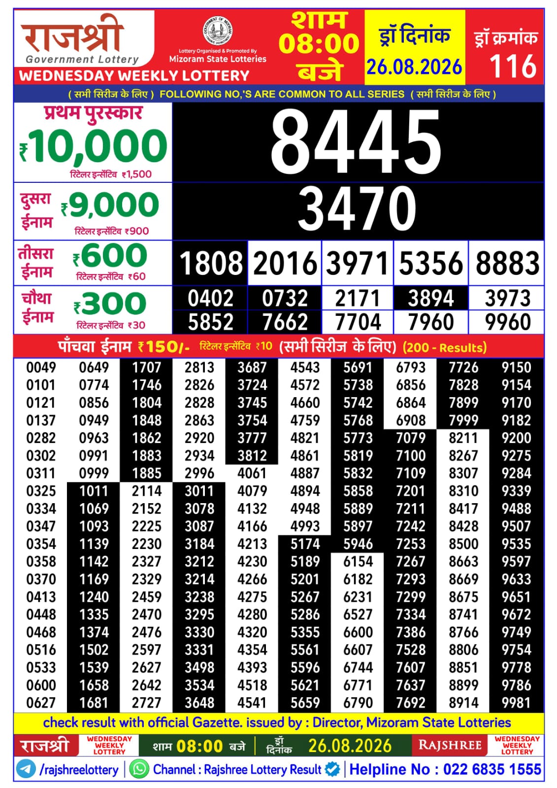 Rajshree 8 PM Result 26 August 2026