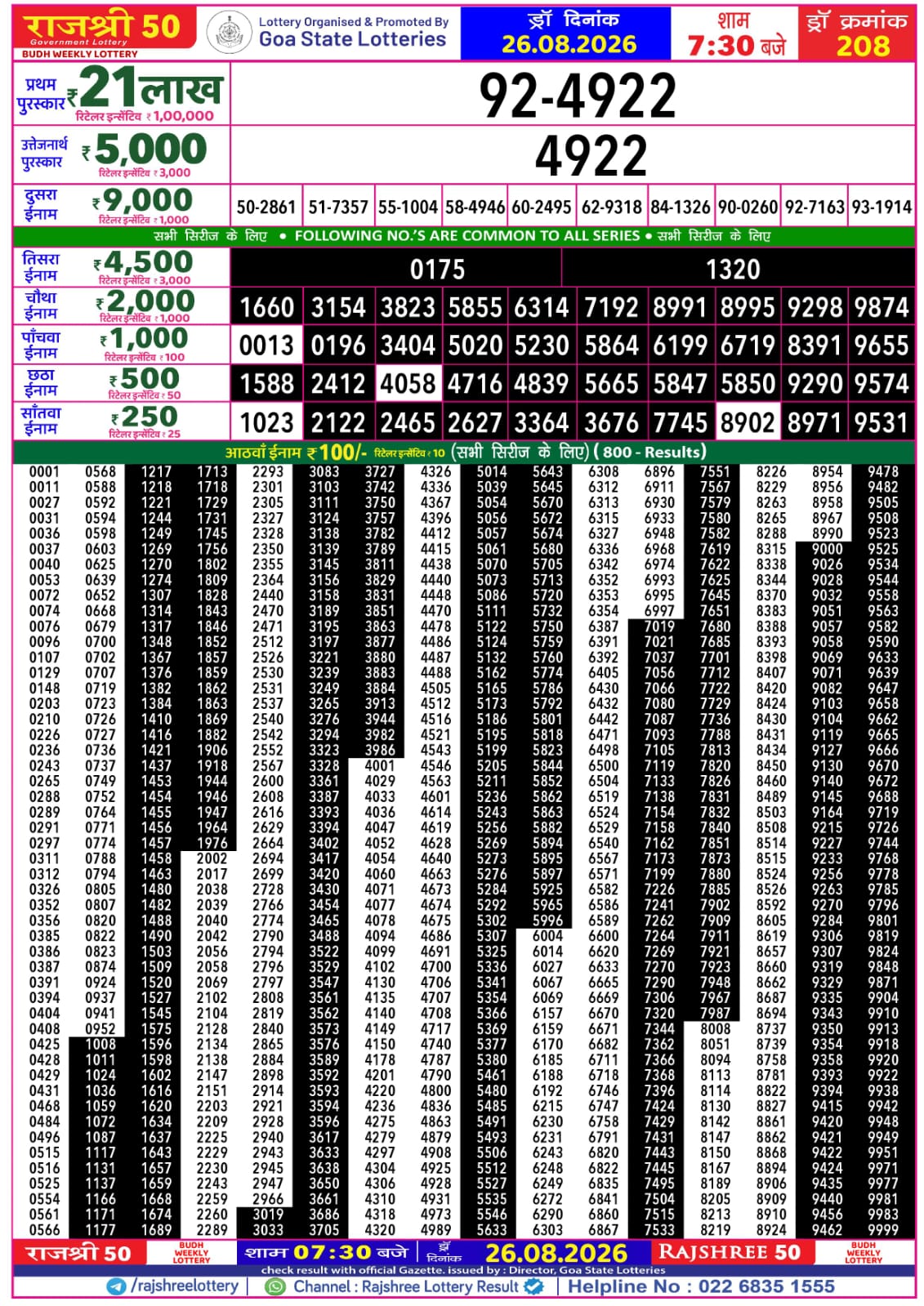 Rajshree 50 7:30 PM Result 26 August 2026