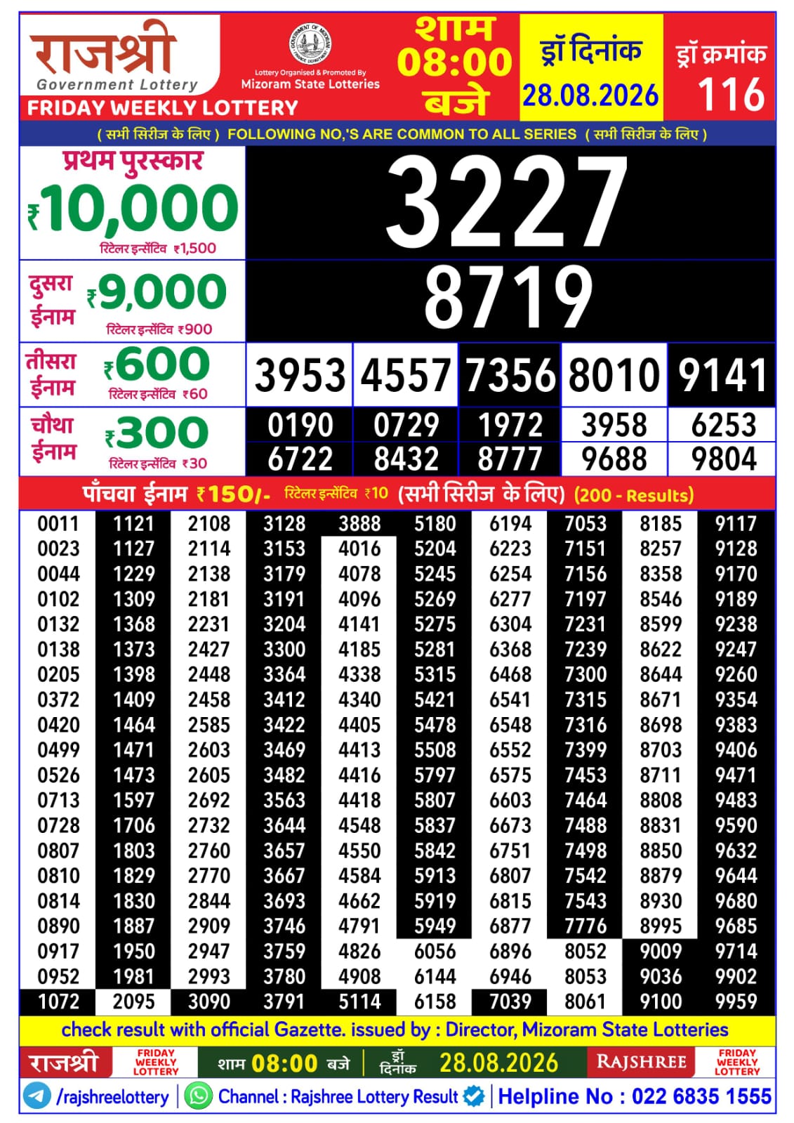 Rajshree 8 PM Result 28 August 2026