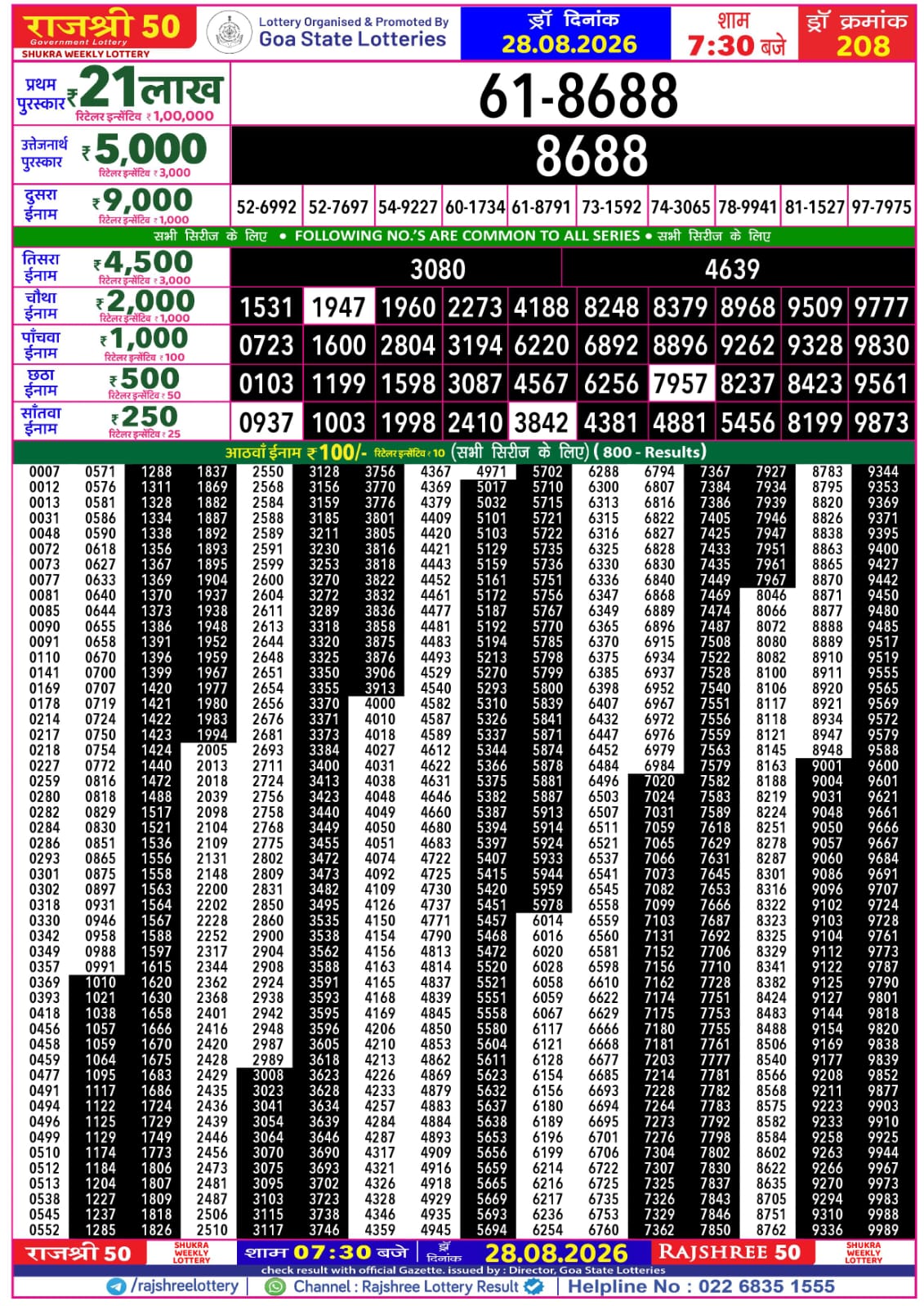 Rajshree 50 7:30 PM Result 28 August 2026