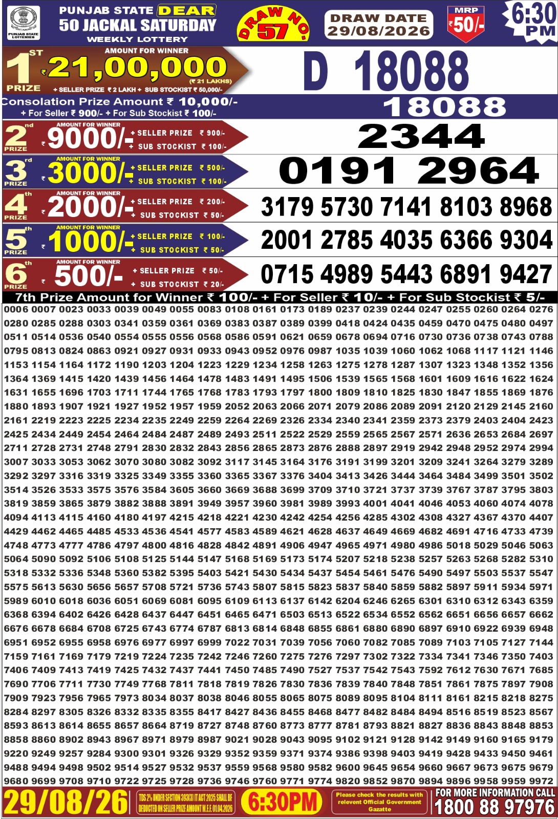 Punjab Dear 50 6:30 PM Result 29 August 2026