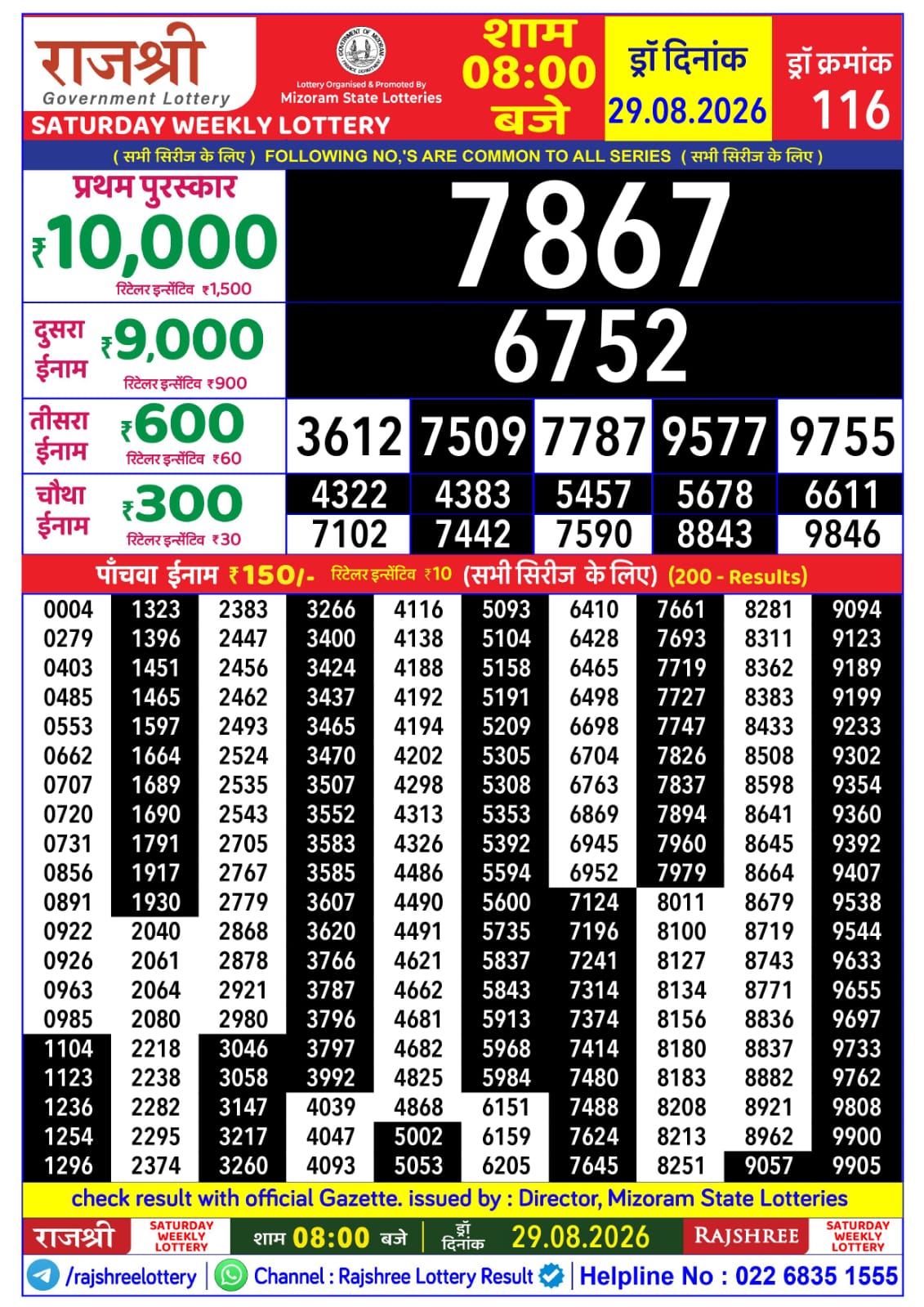Rajshree 8 PM Result 29 August 2026