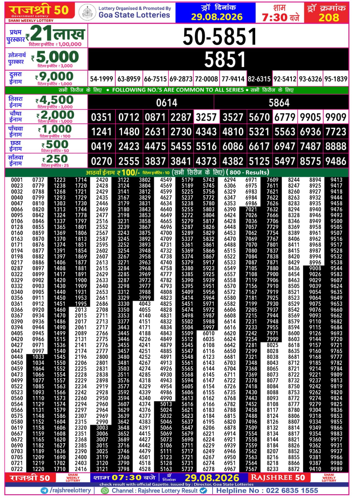Rajshree 50 7:30 PM Result 29 August 2026