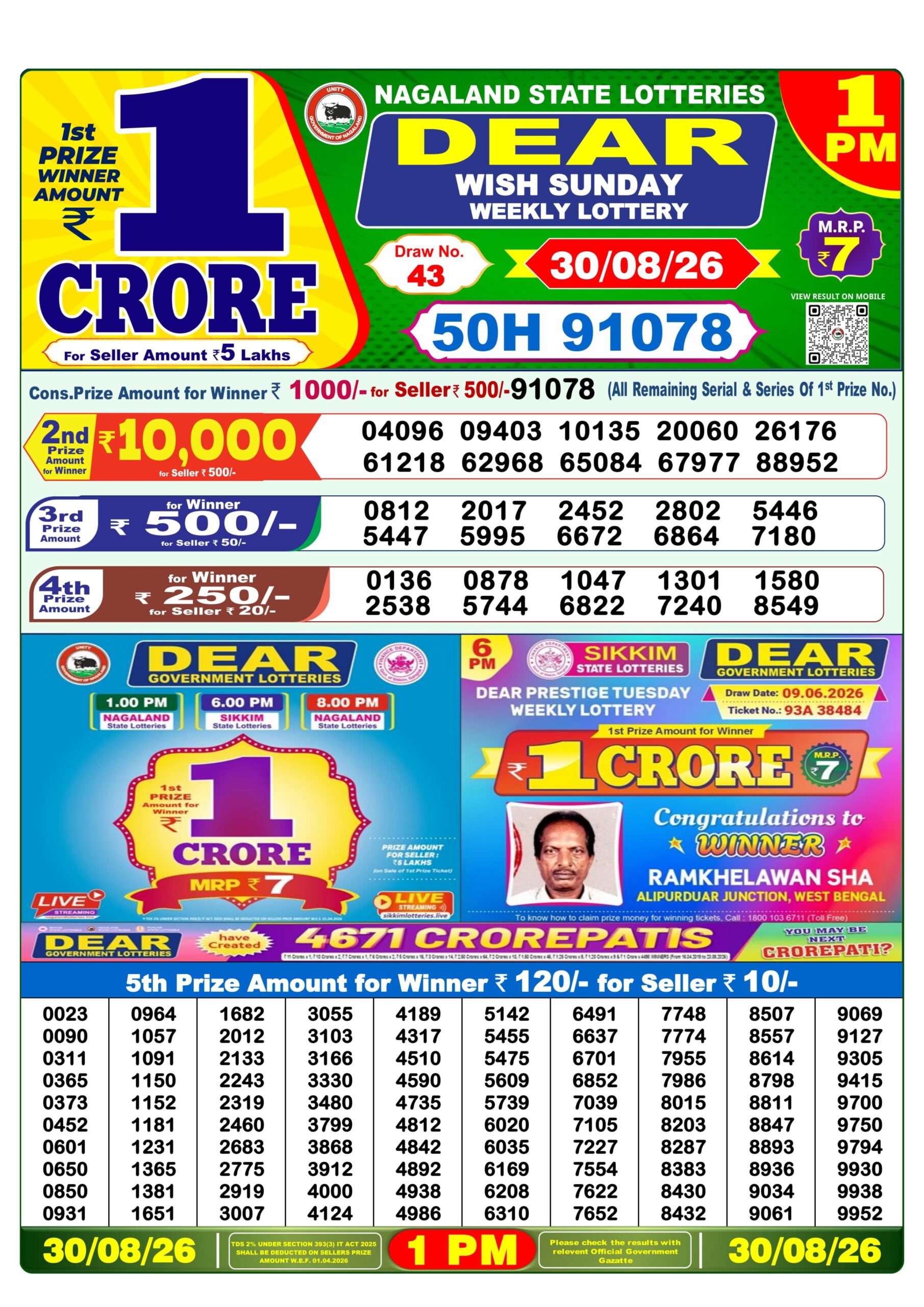 Dear 1 PM Result 30 August 2026