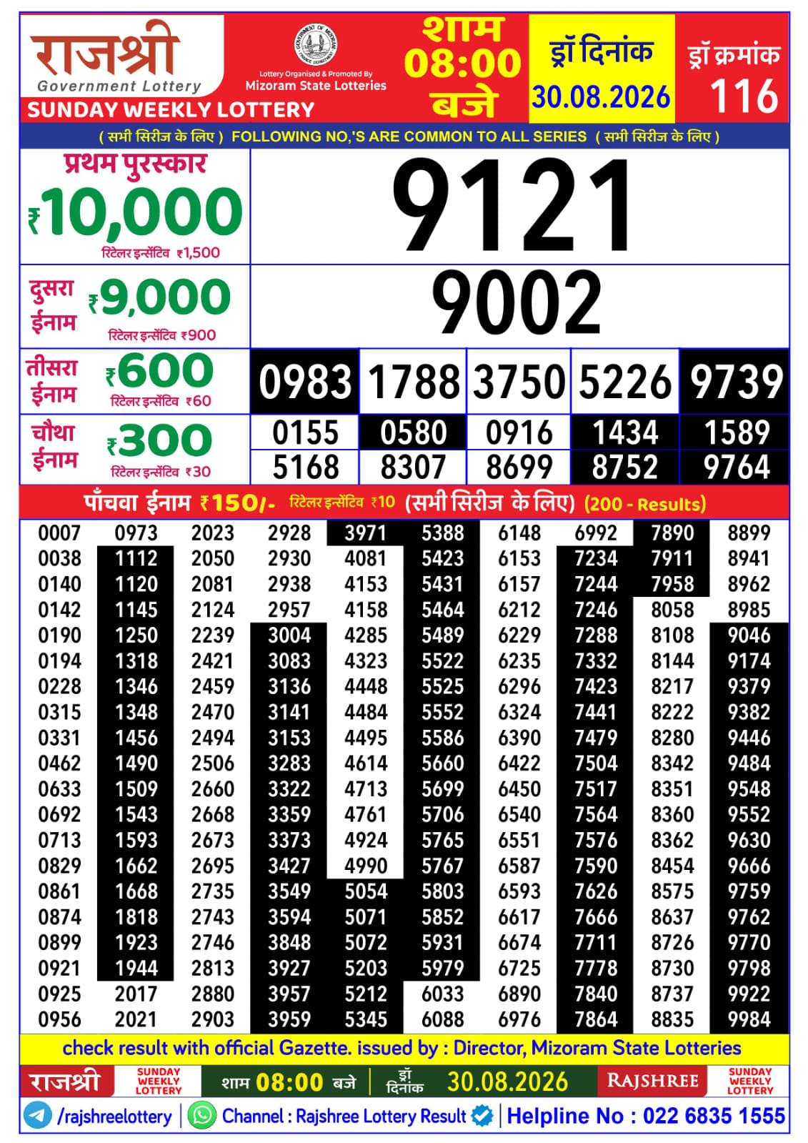 Rajshree 8 PM Result 30 August 2026