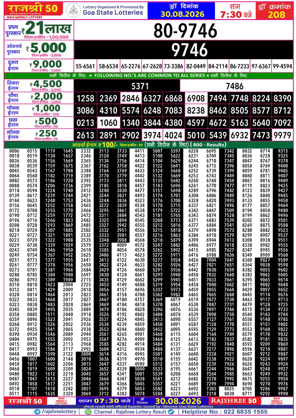 Rajshree 50 7:30 PM Result 30 August 2026