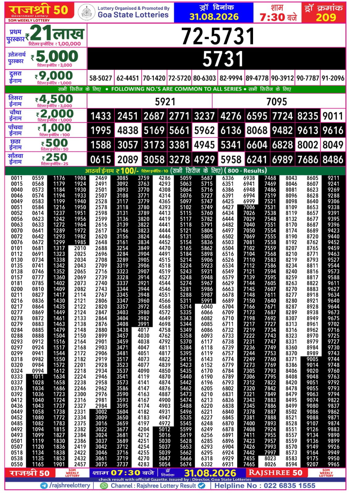 Rajshree 50 7:30 PM Result 31 August 2026