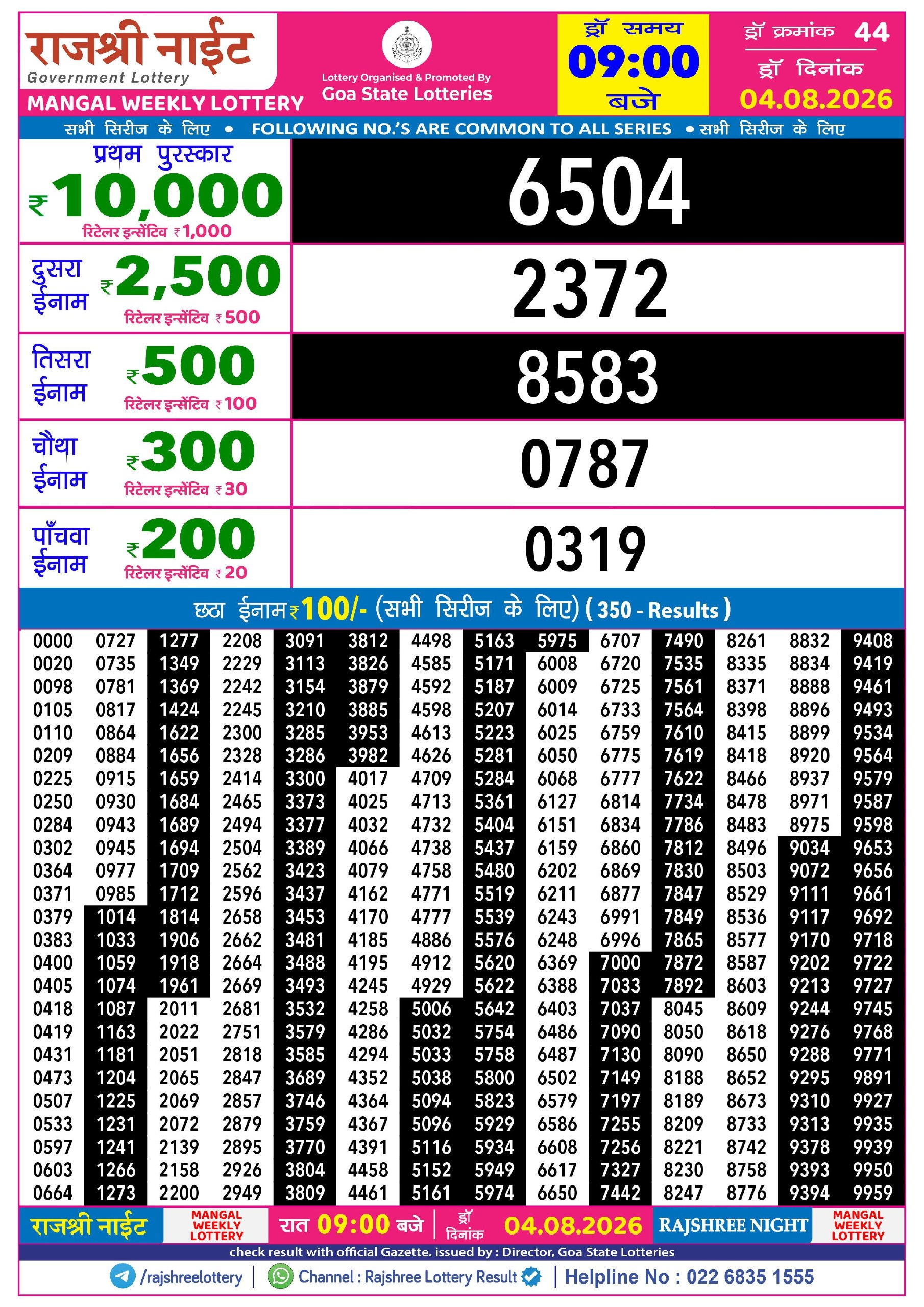 Rajshree Night 9 PM Result 04 August 2026