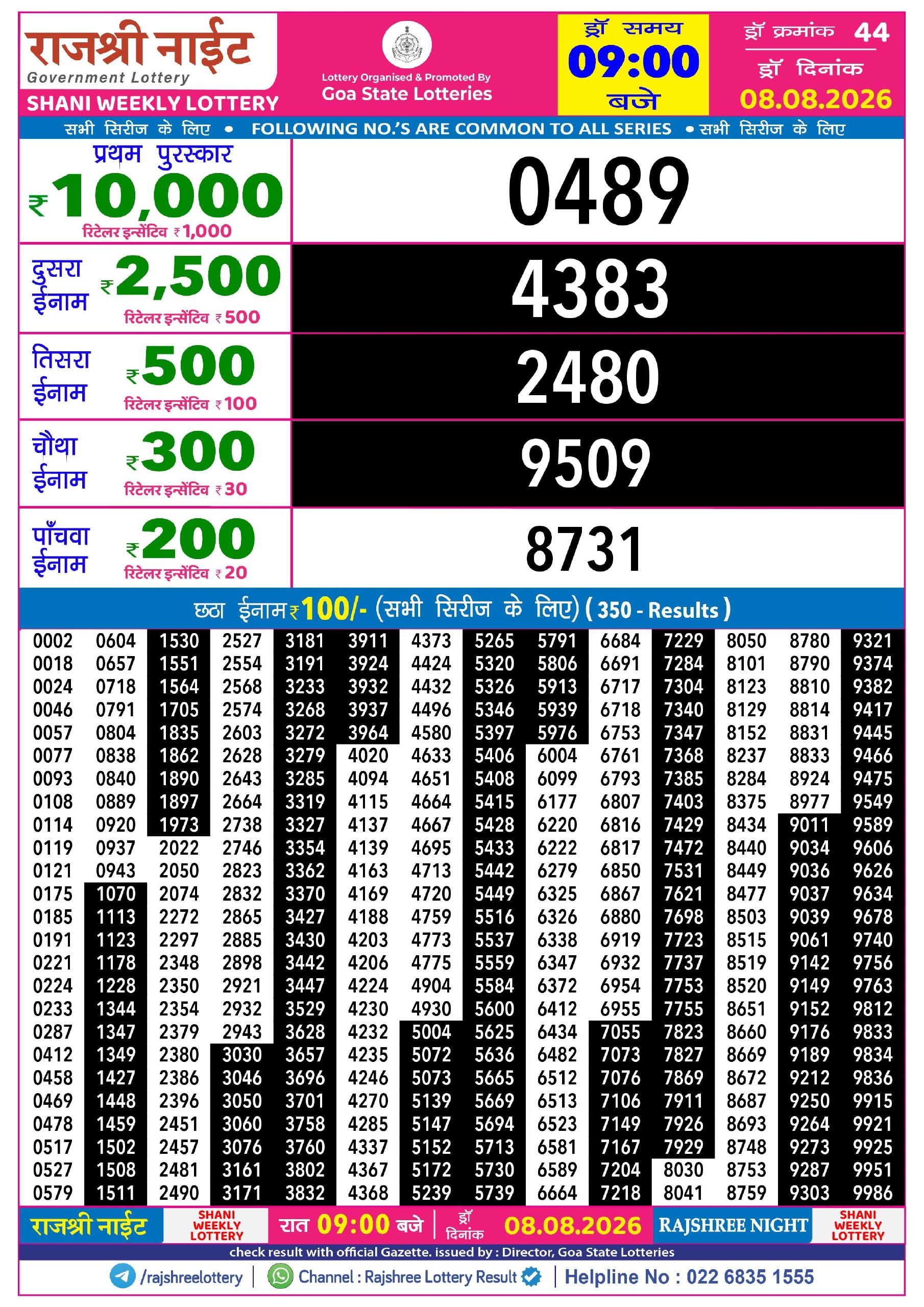 Rajshree Night 9 PM Result 08 August 2026