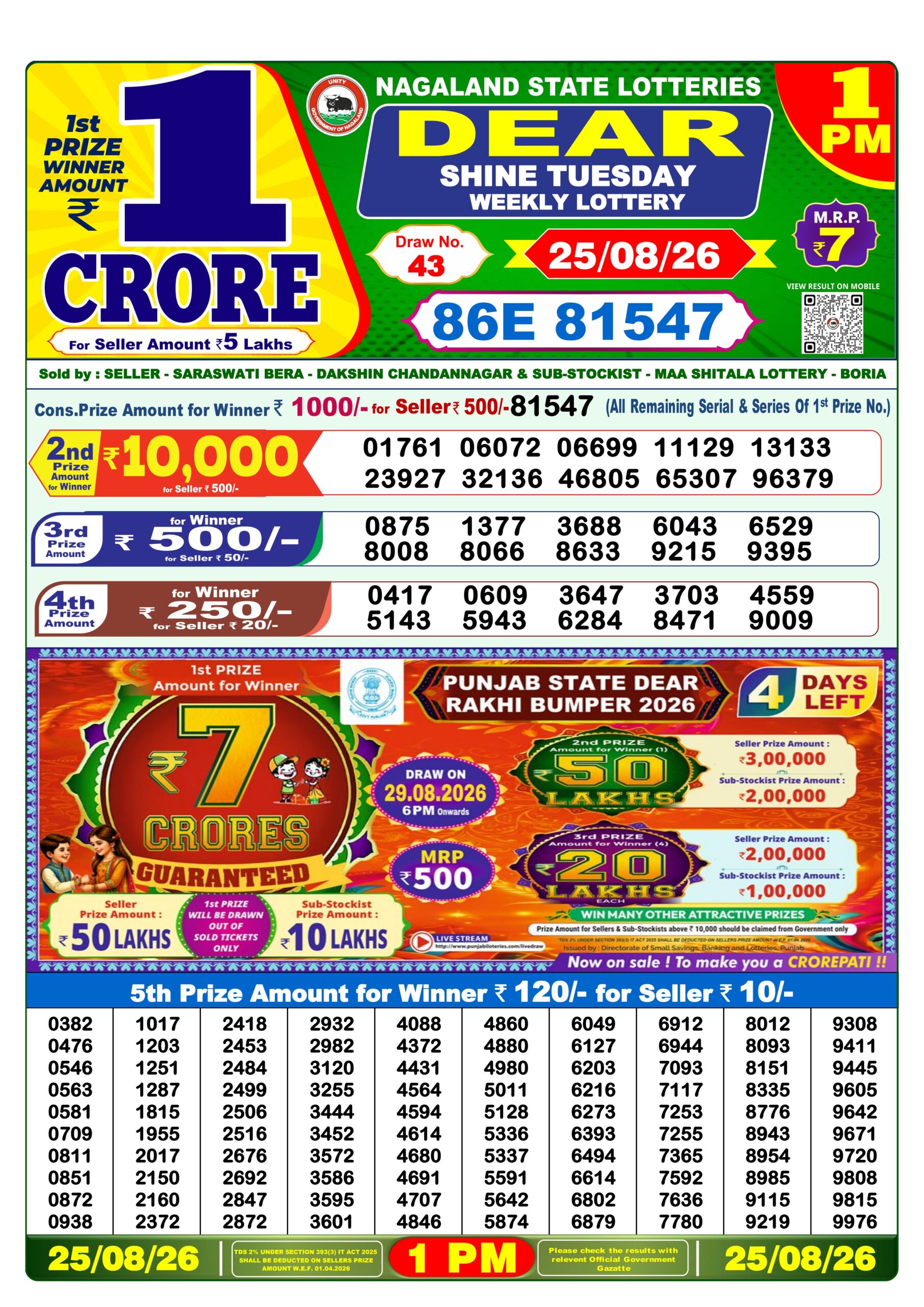 Dear 1 PM Result 25 August 2026