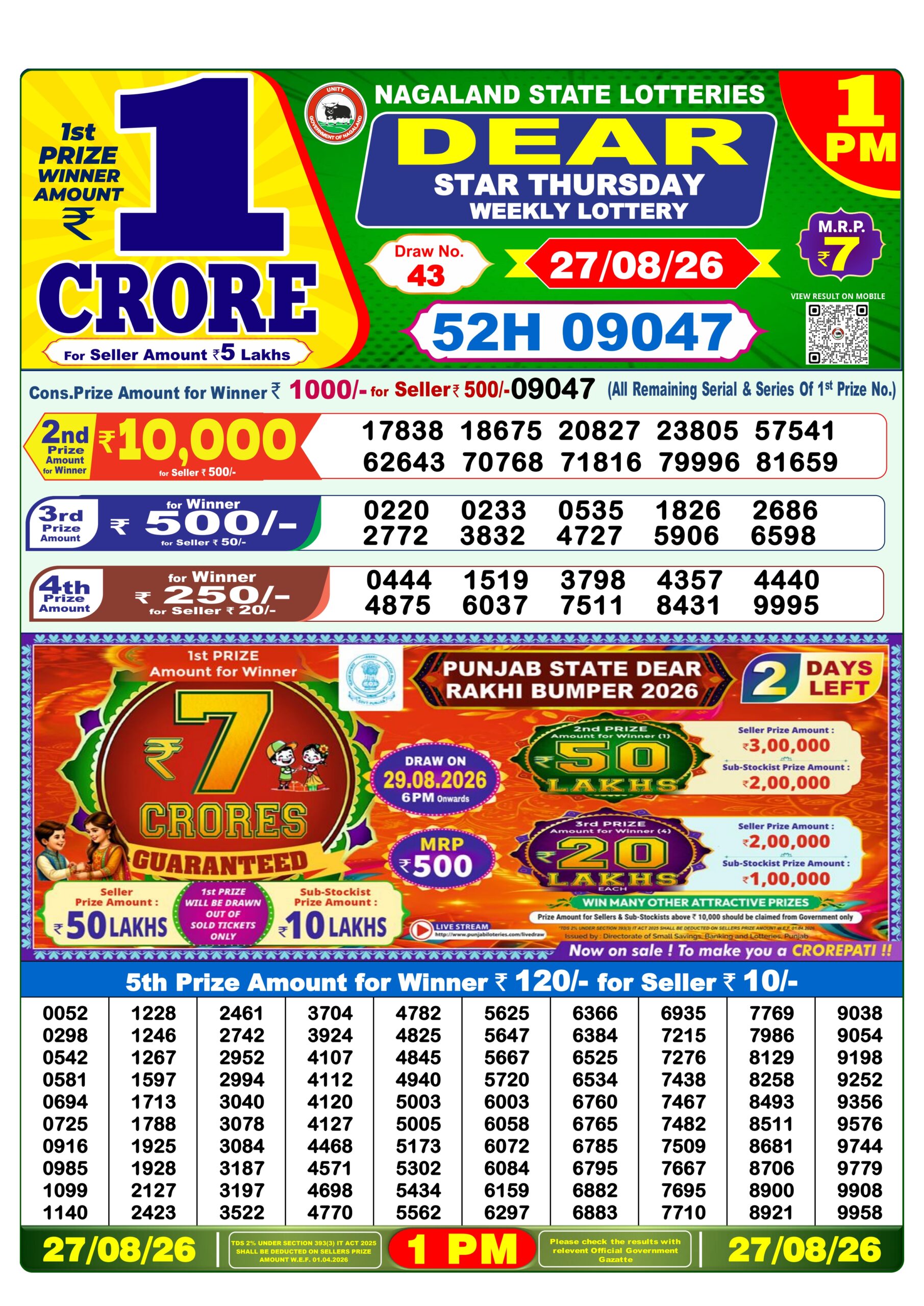 Dear 1 PM Result 27 August 2026