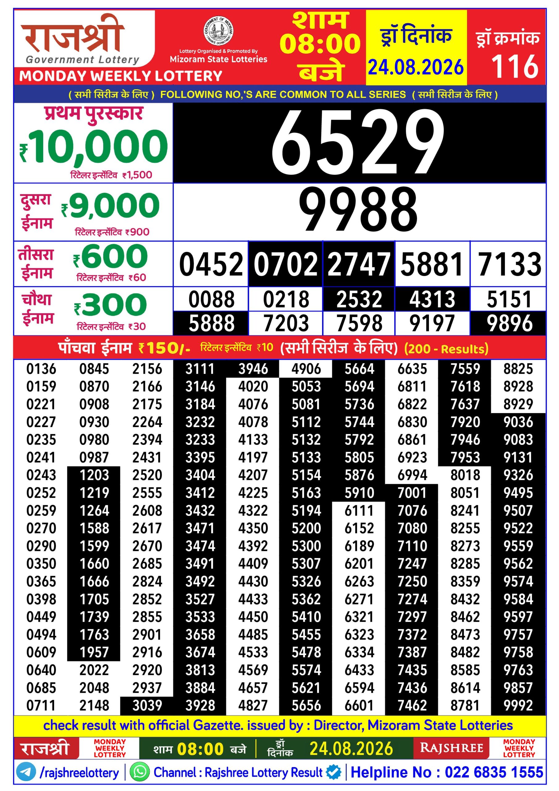 Rajshree 8 PM Result 24 August 2026