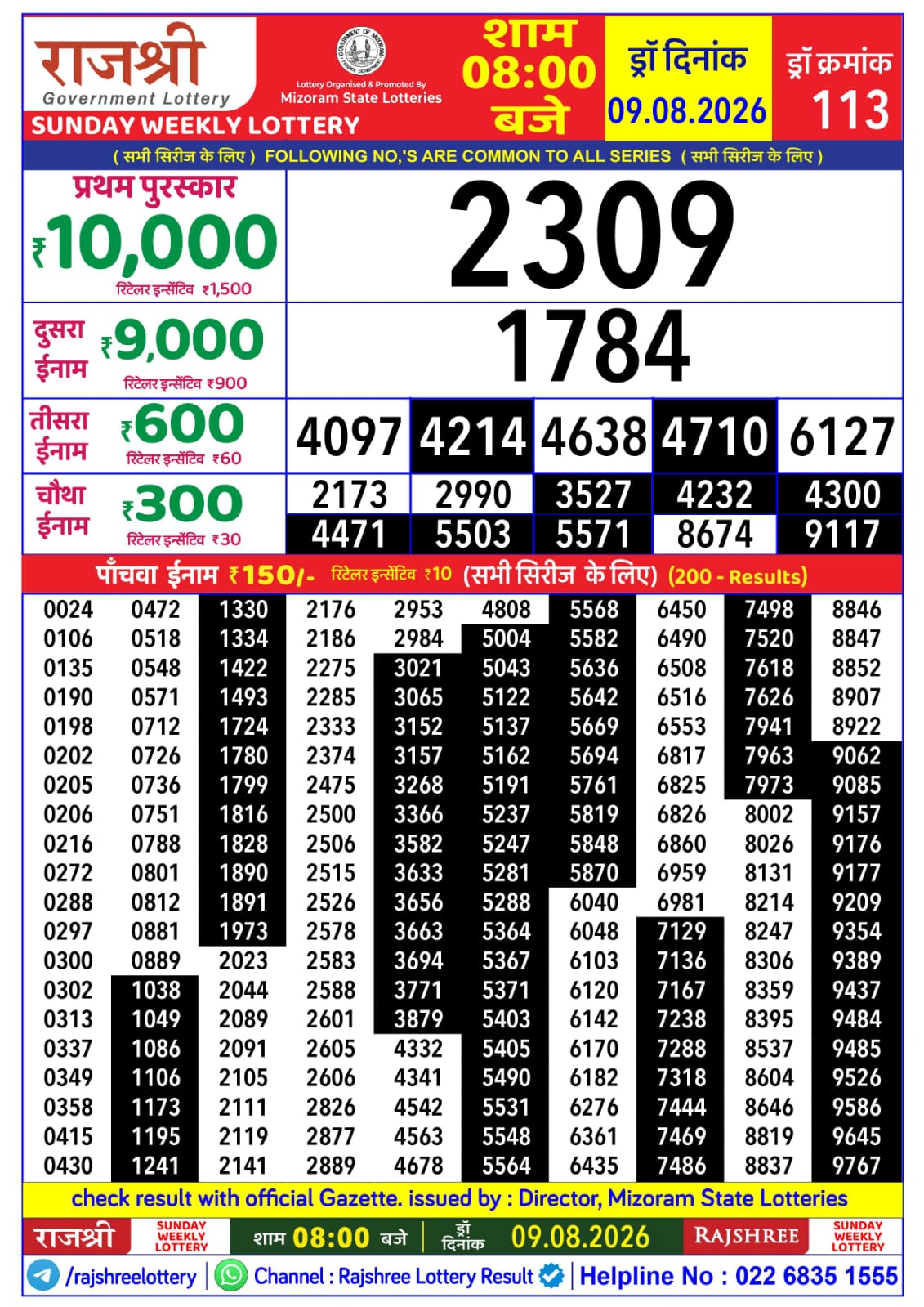 Rajshree 8 PM Result 09 August 2026