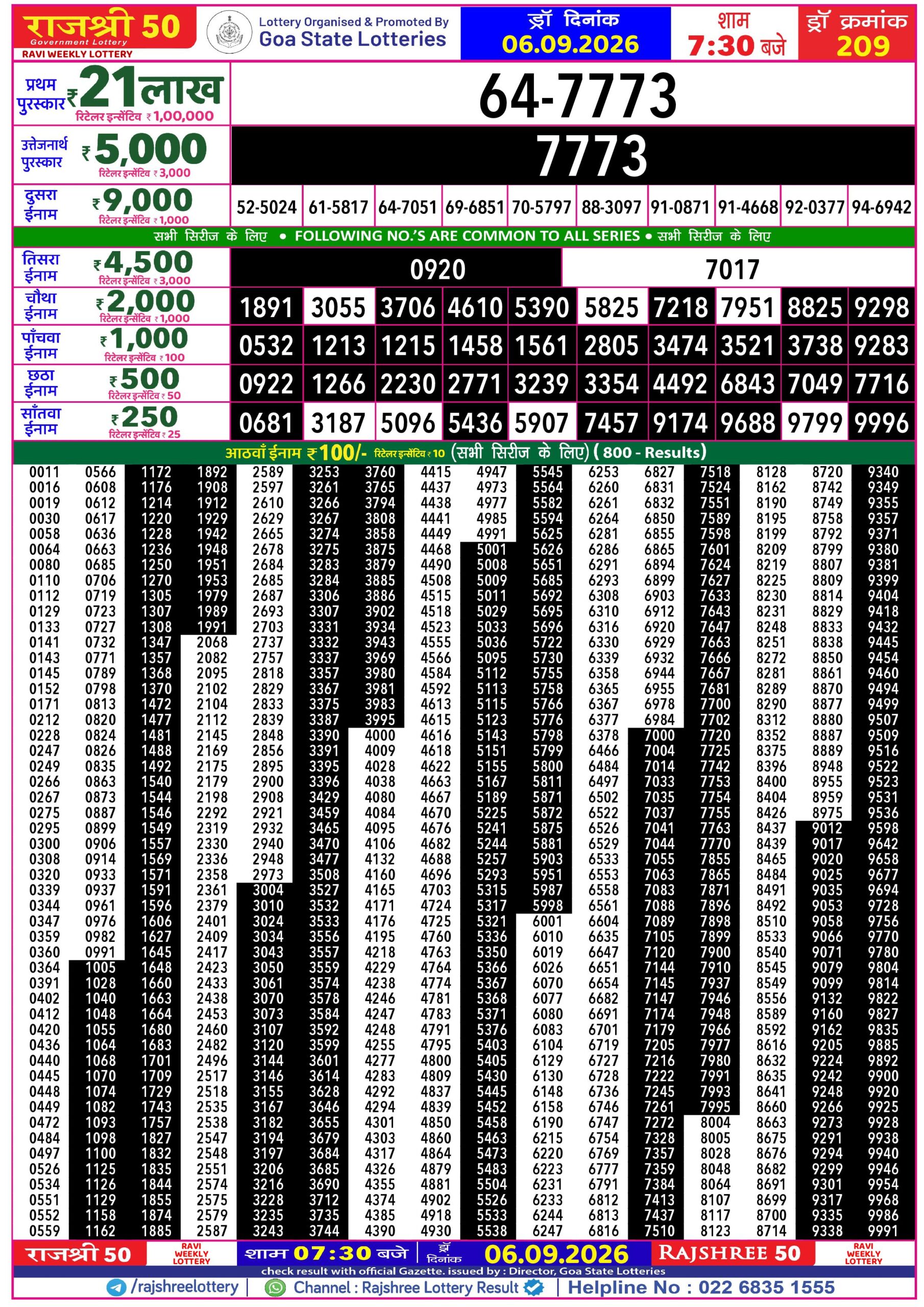Rajshree 50 7:30 PM Result 06 September 2026