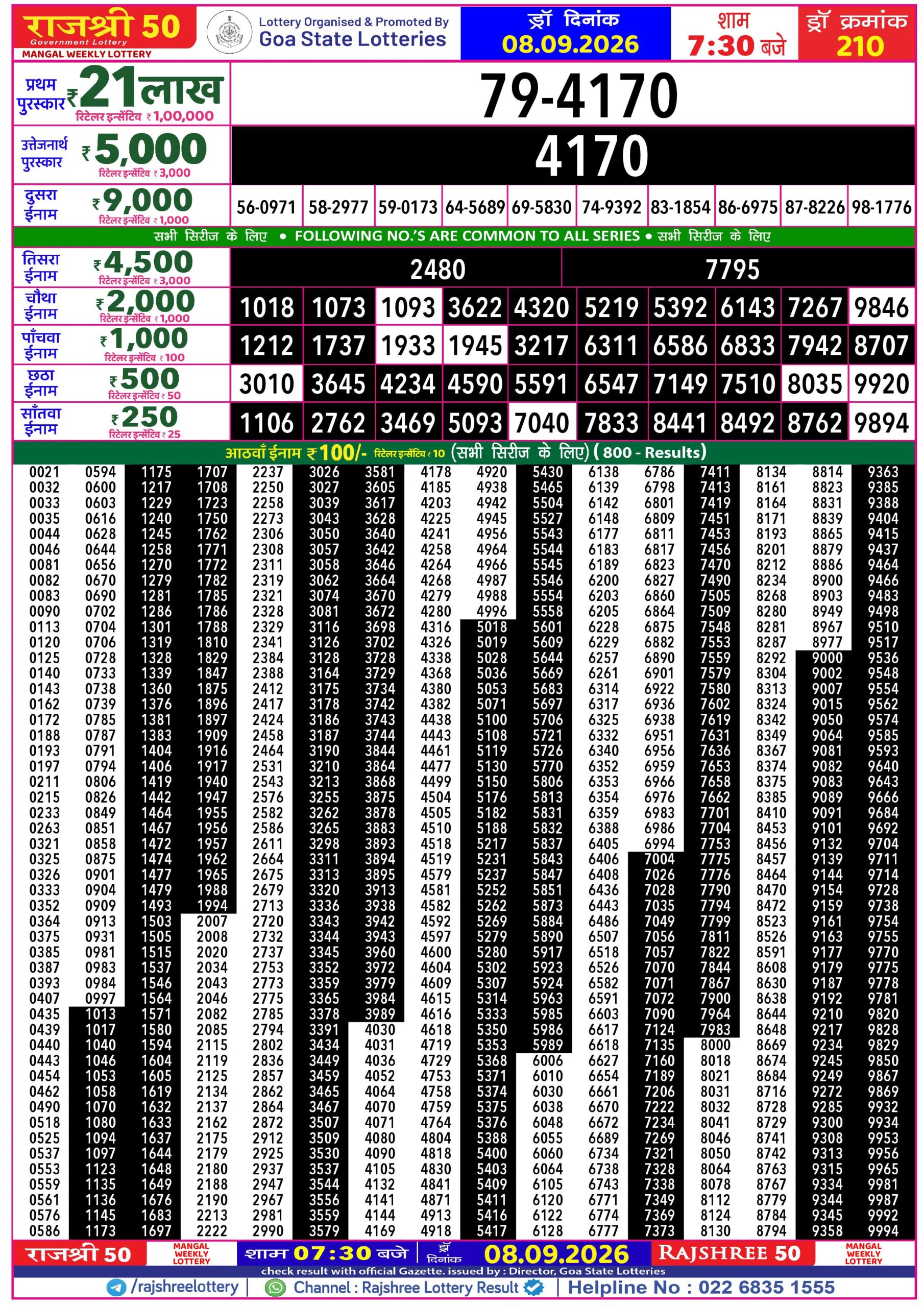 Rajshree 50 7:30 PM Result 08 September 2026