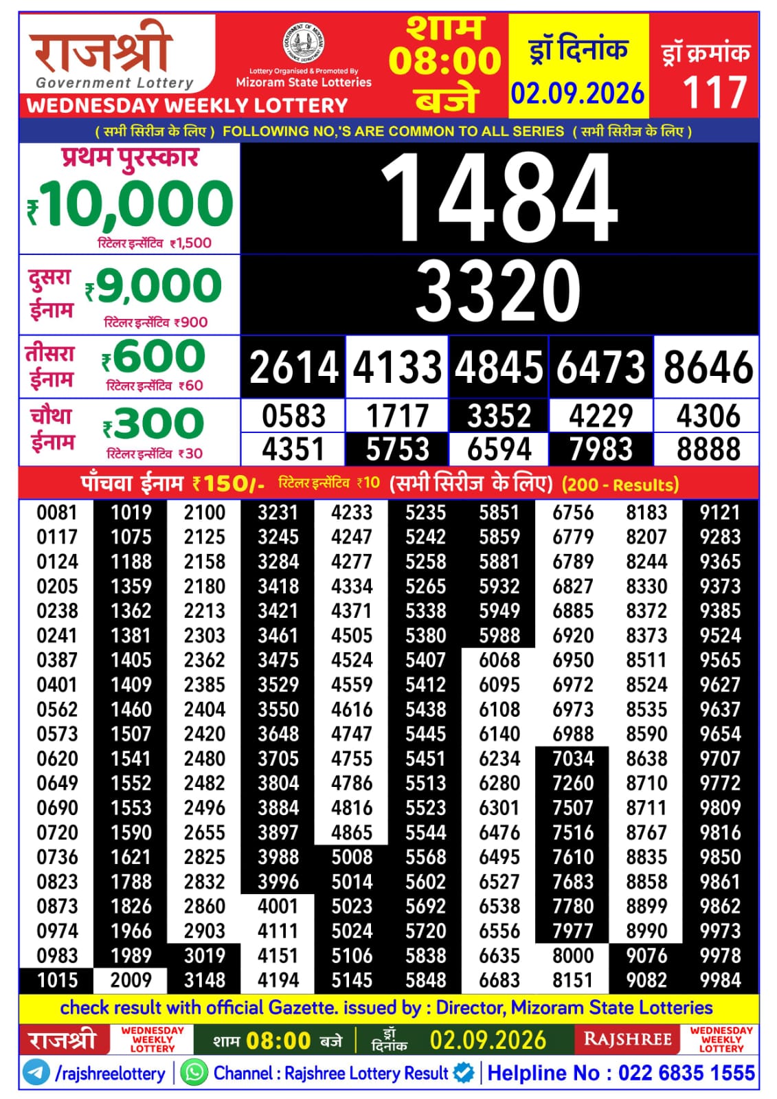 Rajshree 8 PM Result 02 September 2026