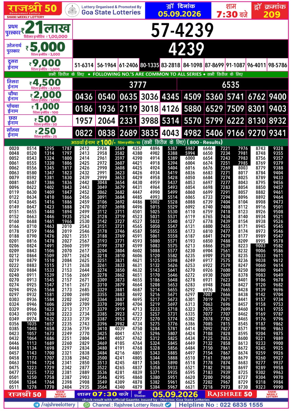 Rajshree 50 7:30 PM Result 05 September 2026