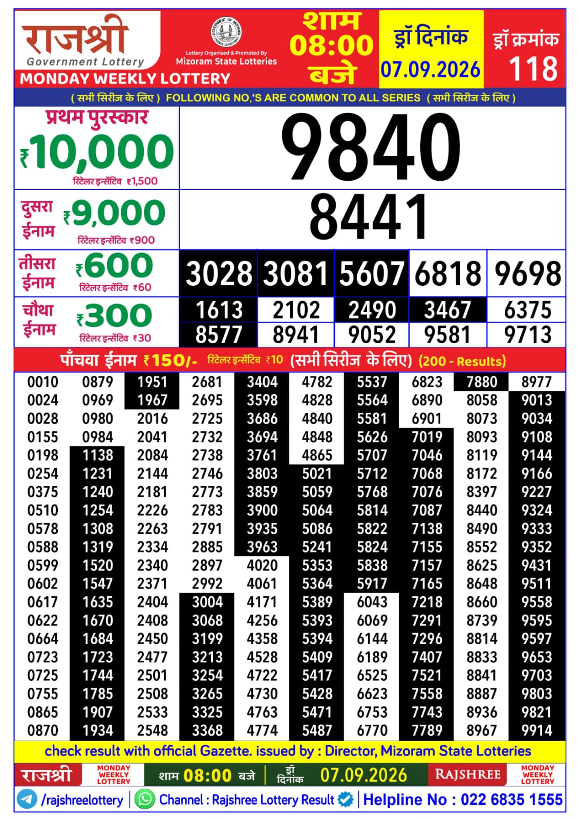 Rajshree 8 PM Result 07 September 2026
