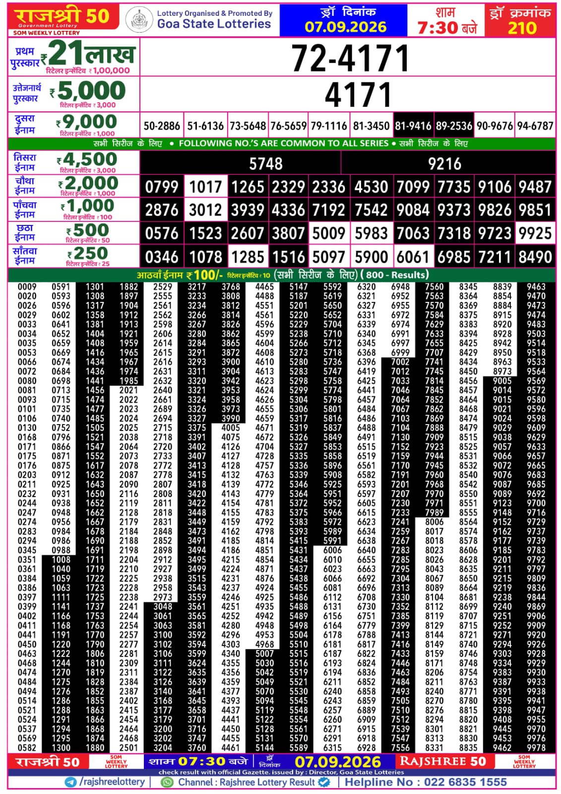 Rajshree 50 7:30 PM Result 07 September 2026