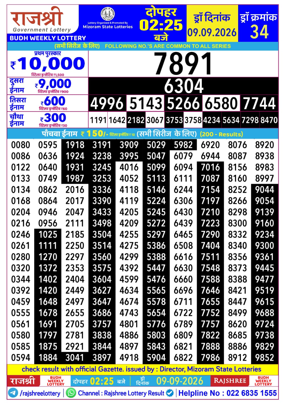 Rajshree 2:25 PM Result 09 September 2026