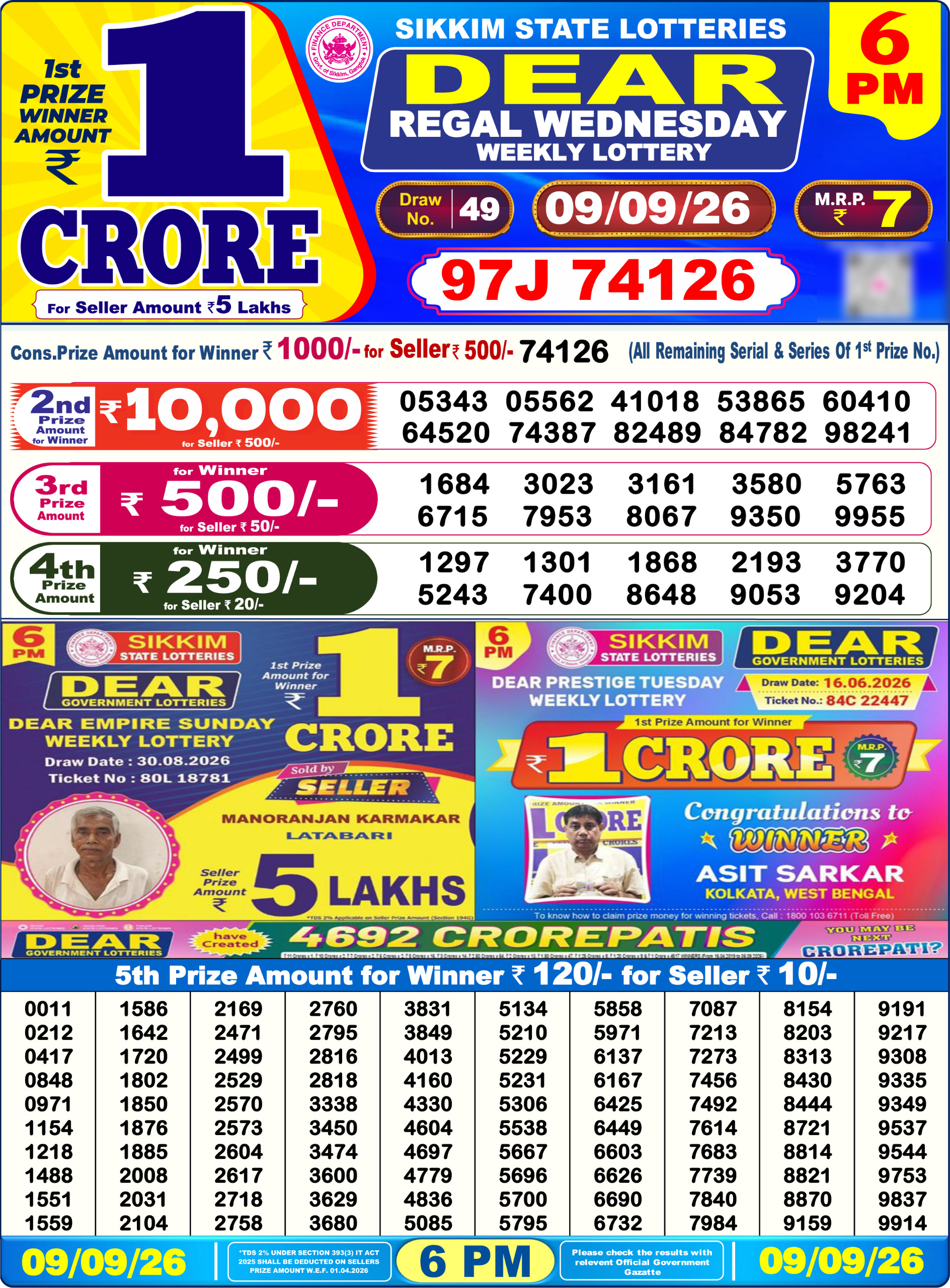 Dear 6 PM Result 09 September 2026