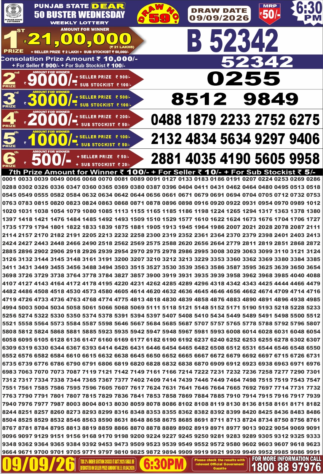 Punjab Dear 50 6:30 PM Result 09 September 2026