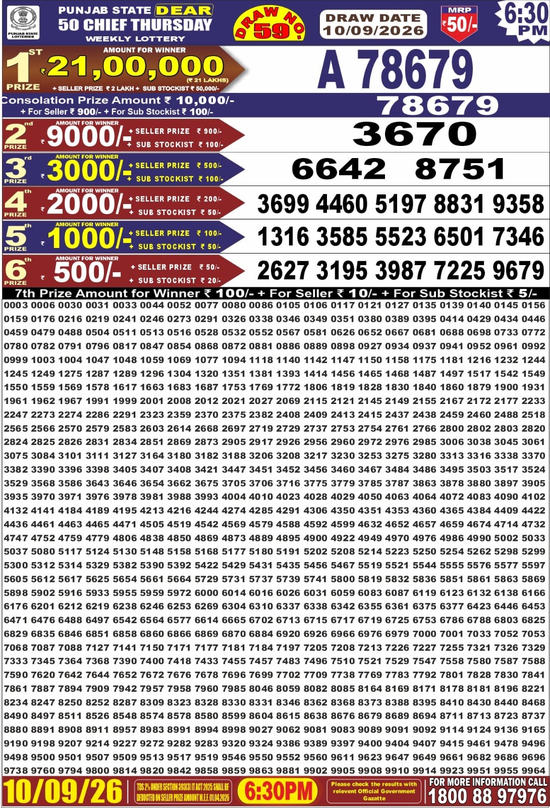 Punjab Dear 50 6:30 PM Result 10 September 2026
