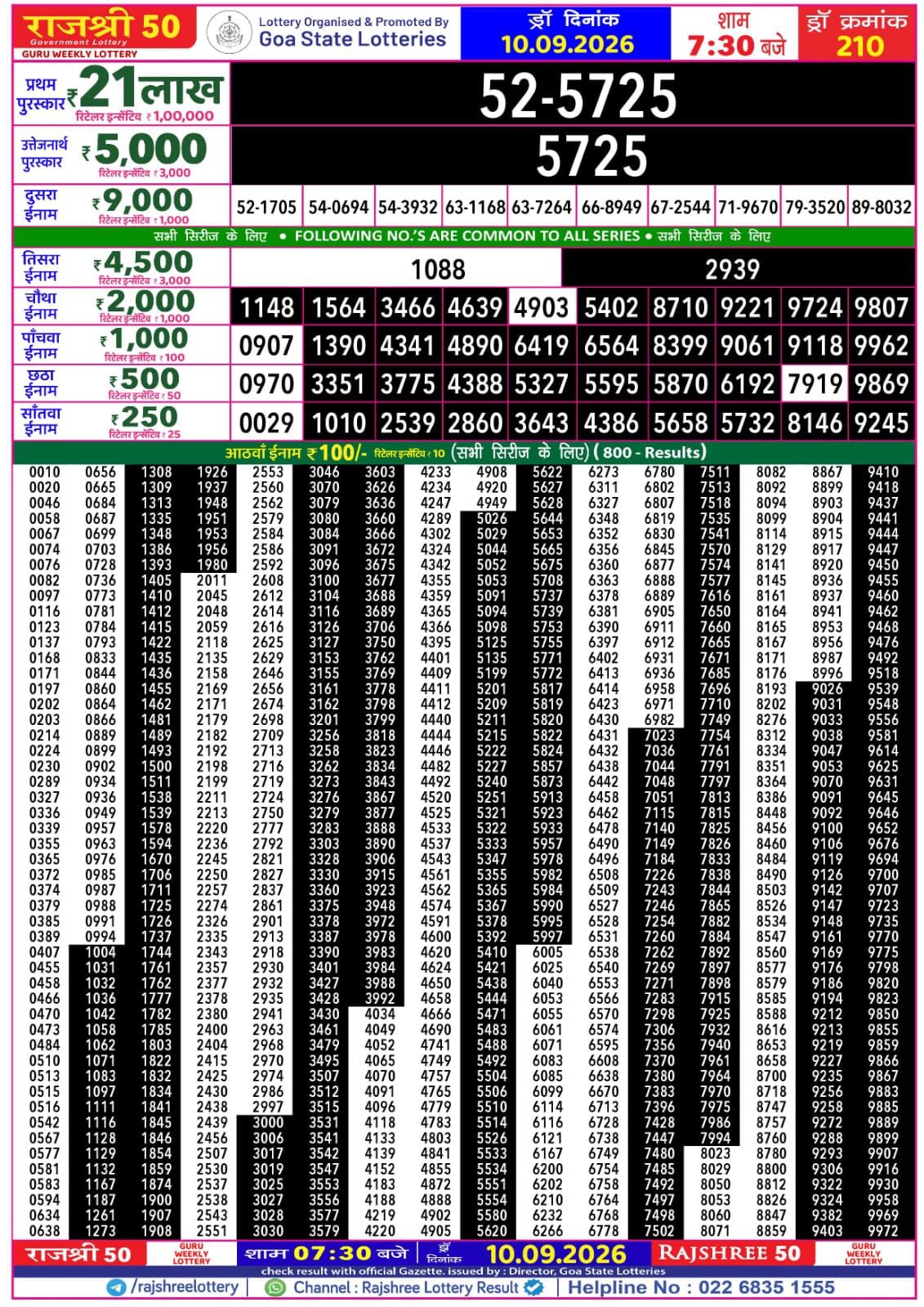 Rajshree 50 7:30 PM Result 10 September 2026