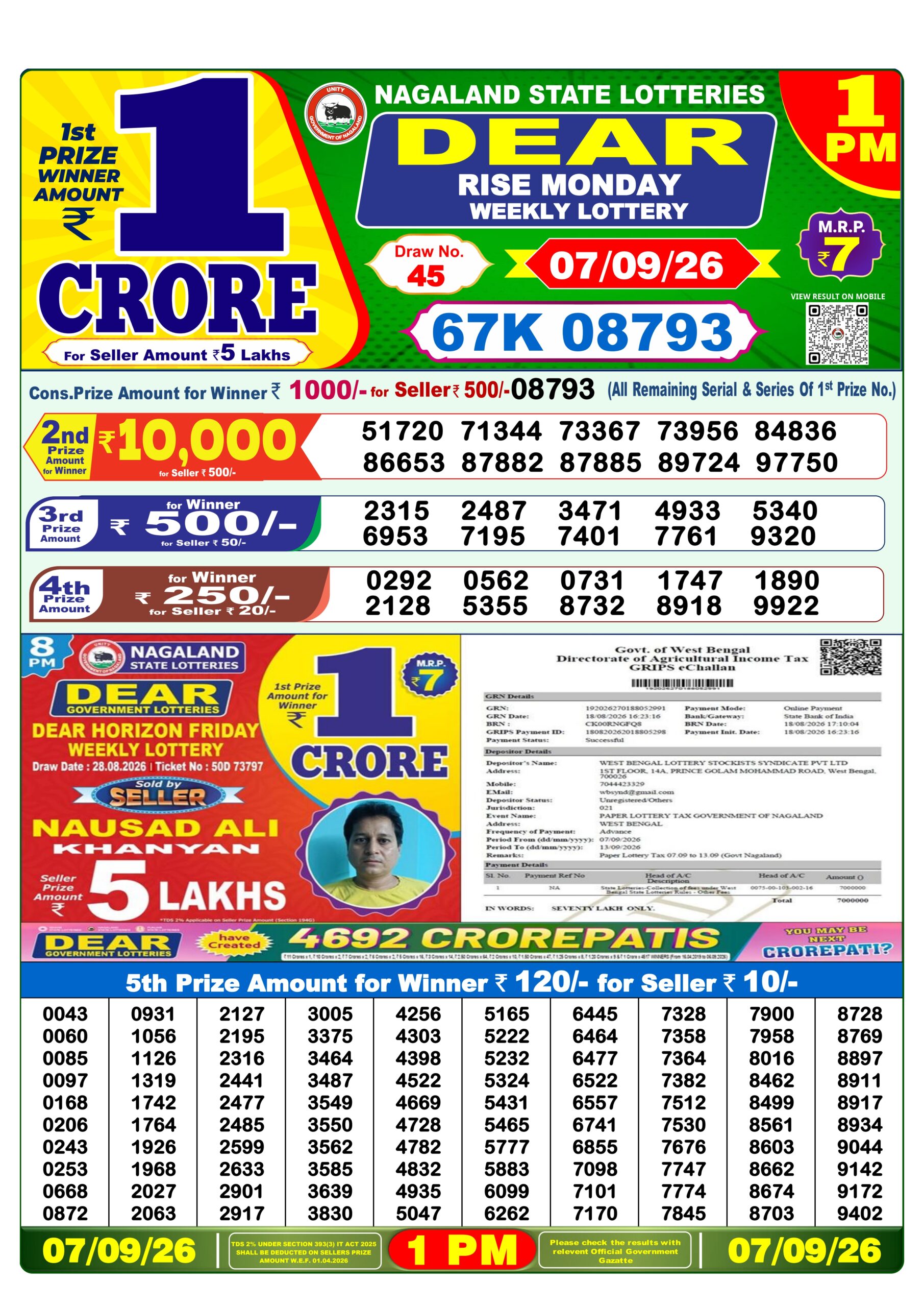 Dear 1 PM Result 07 September 2026