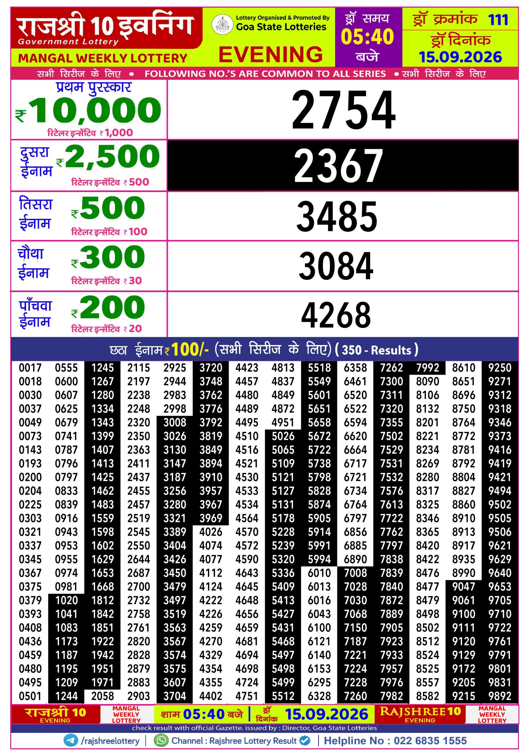Rajshree 10 Evening 5:40 PM Result 15 September 2026