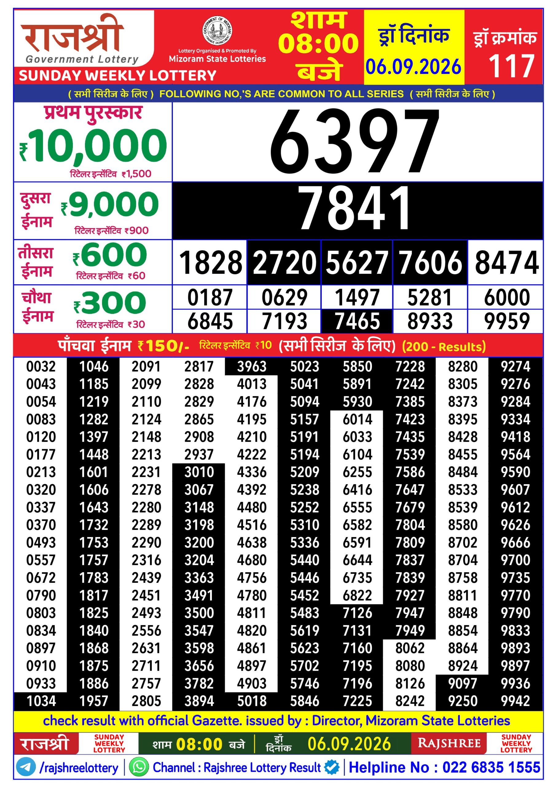 Rajshree 8 PM Result 06 September 2026