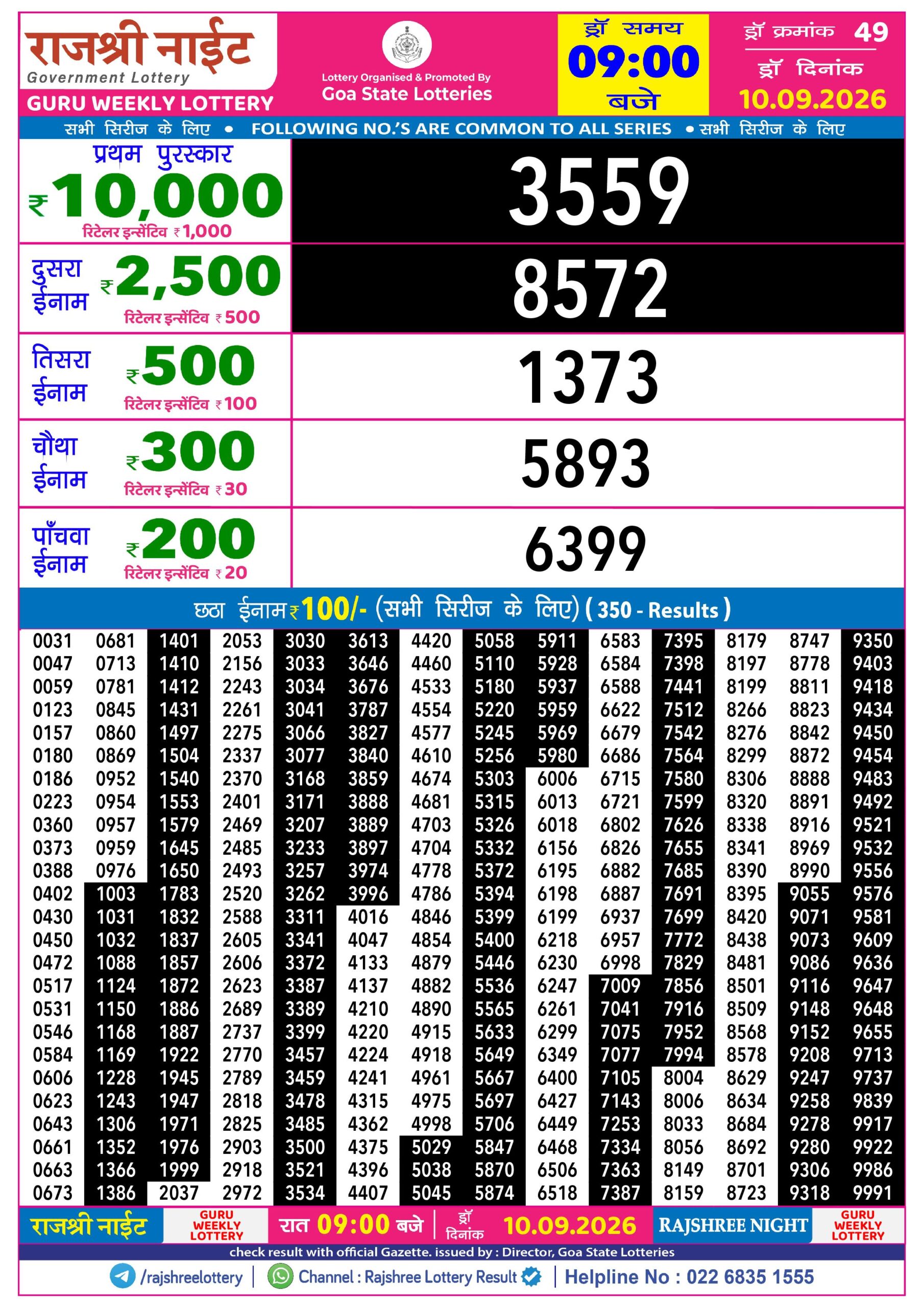 Rajshree Night 9 PM Result 10 September 2026