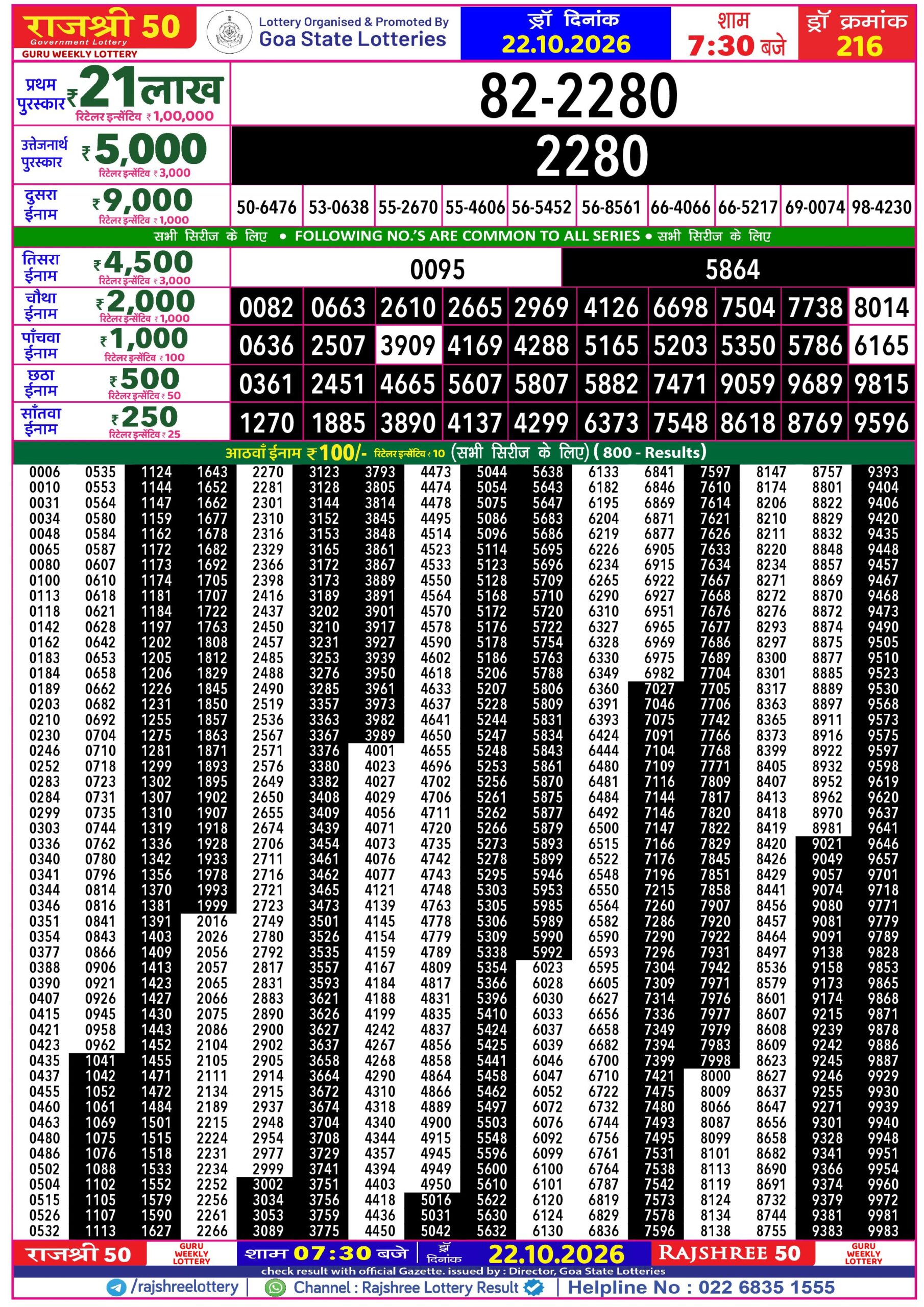 Rajshree 50 7:30 PM Result 22 October 2026