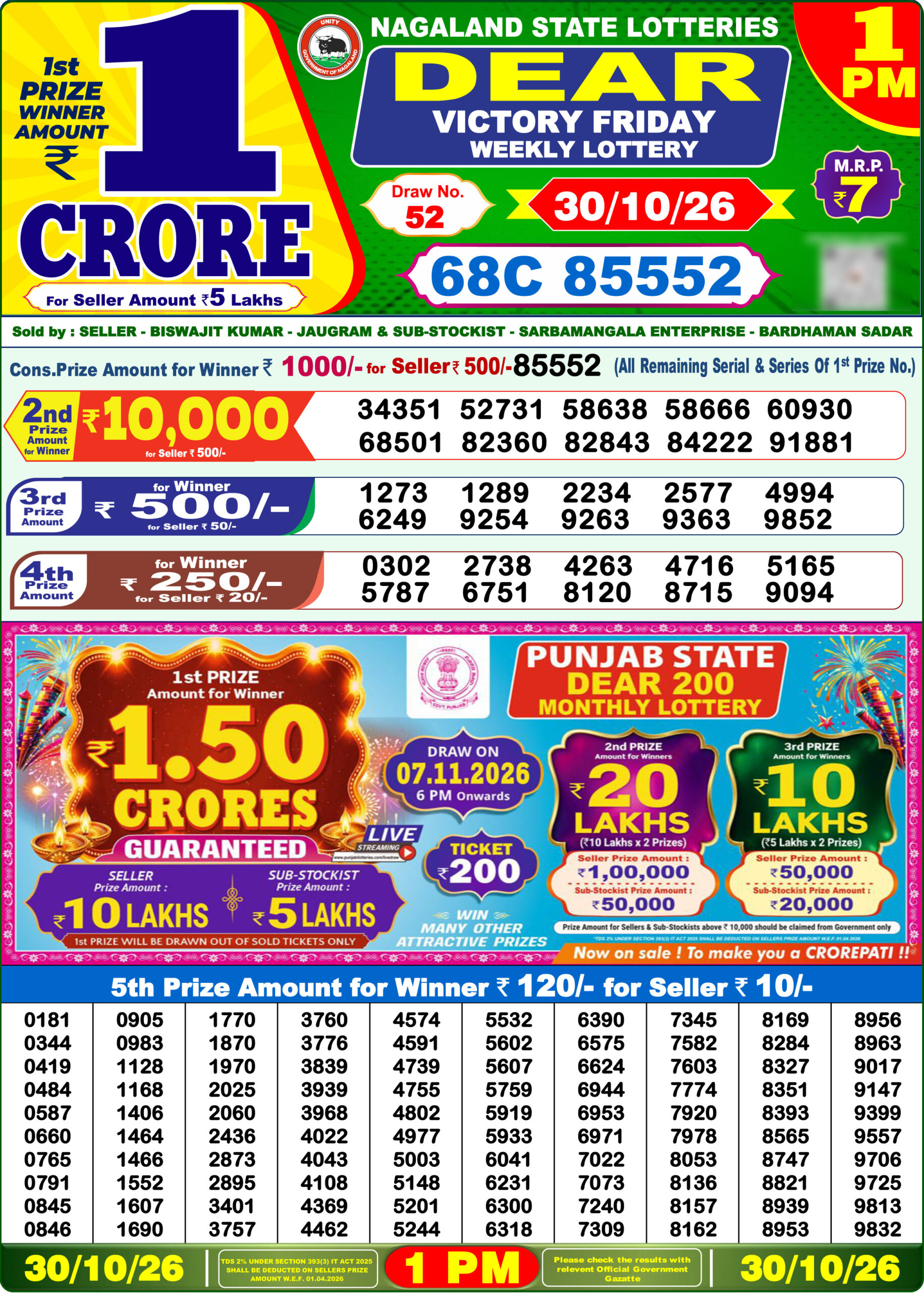 Dear 1 PM Result 30 October 2026