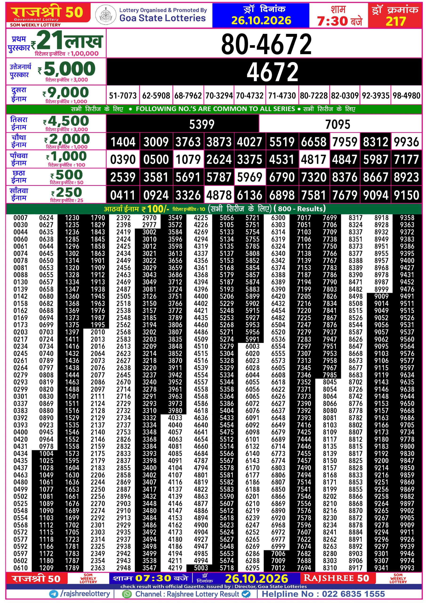 Rajshree 50 7:30 PM Result 26 October 2026