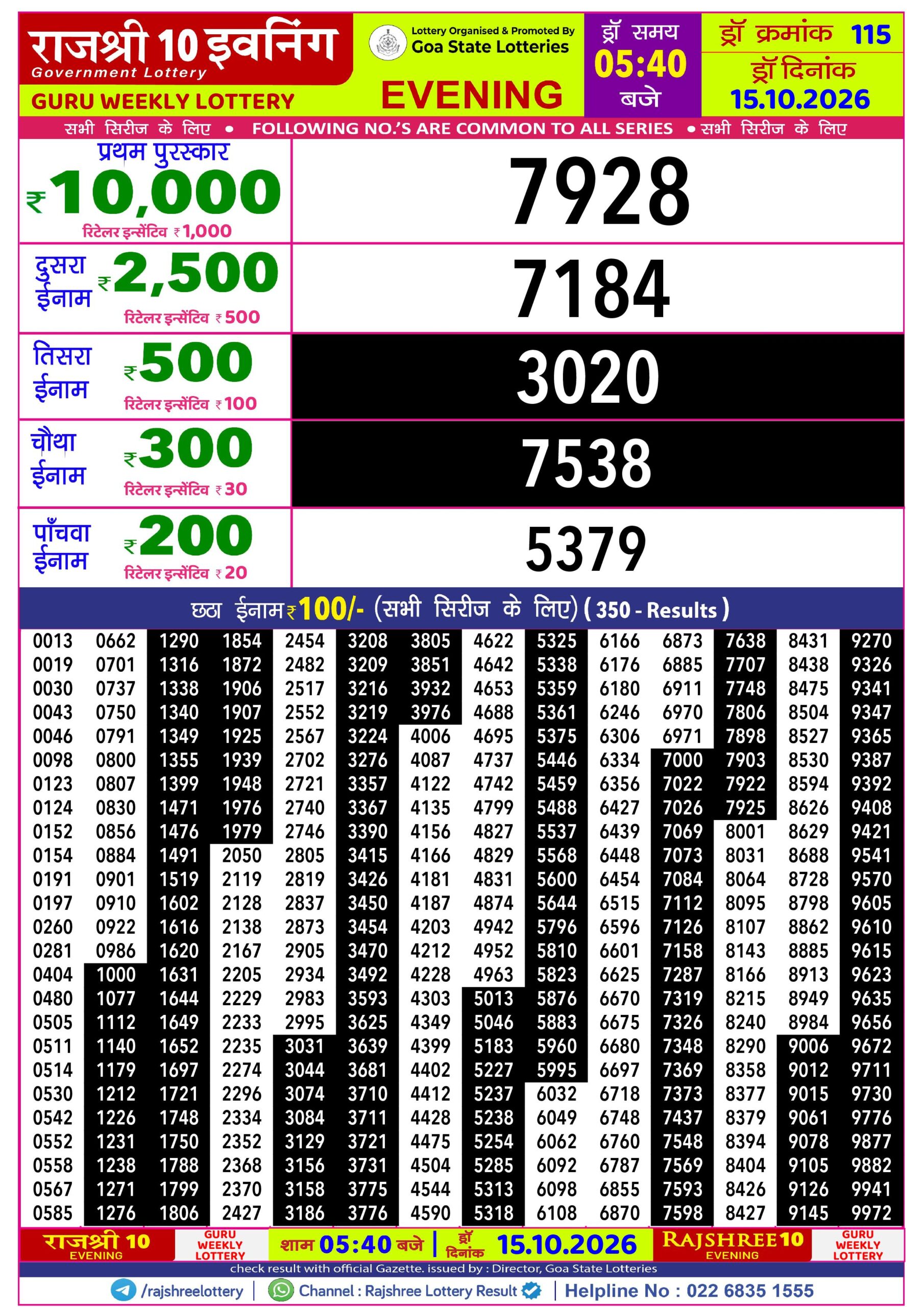 Rajshree 10 Evening 5:40 PM Result 15 October 2026