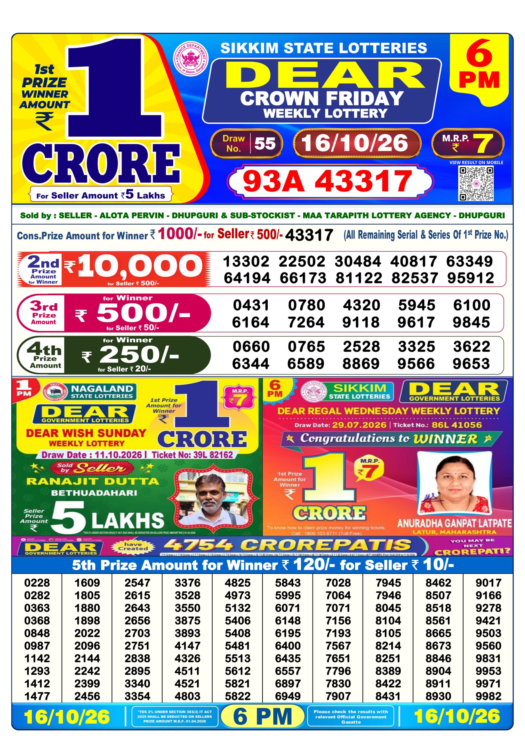 Dear 6 PM Result 16 October 2026
