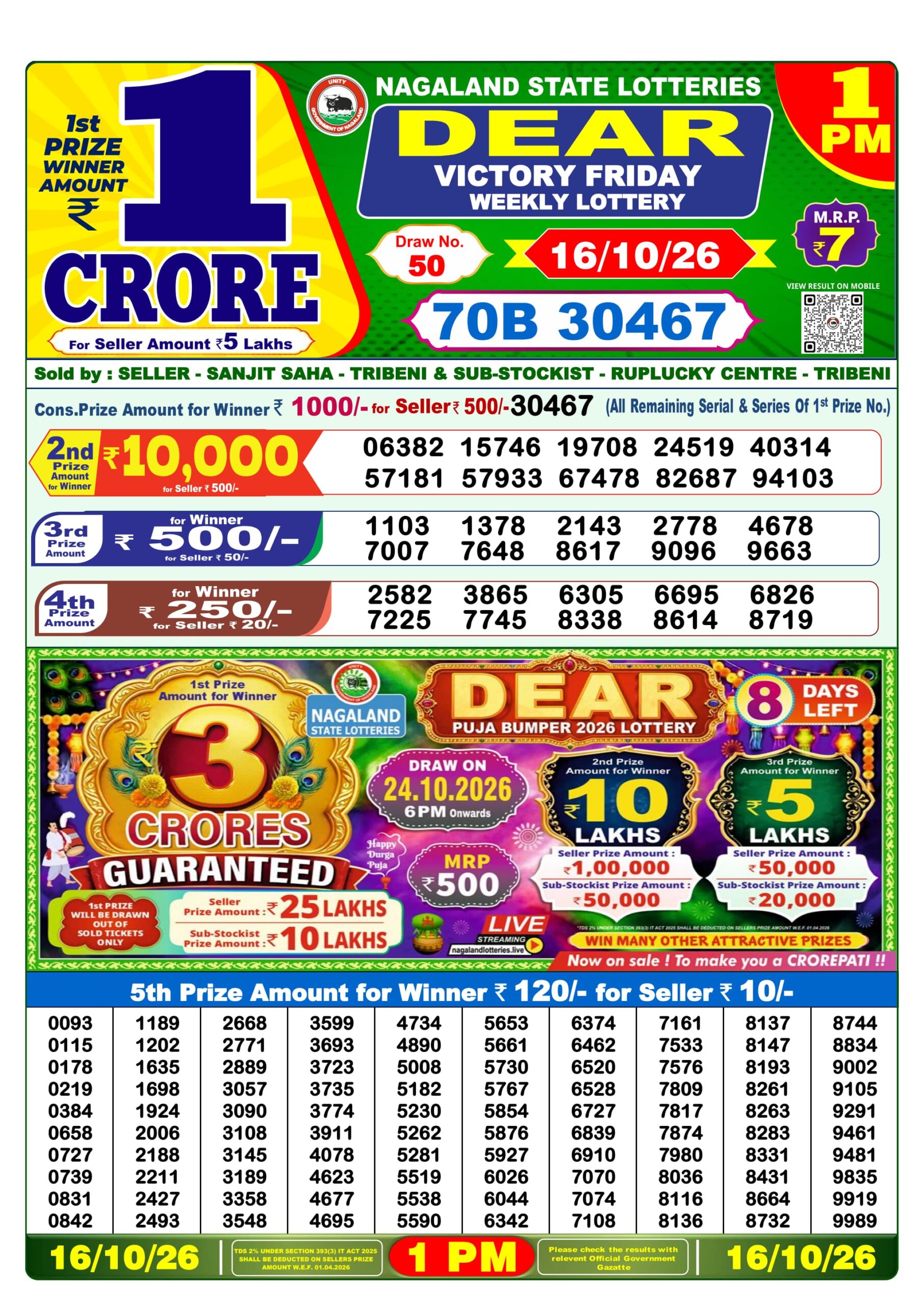 Dear 1 PM Result 16 October 2026
