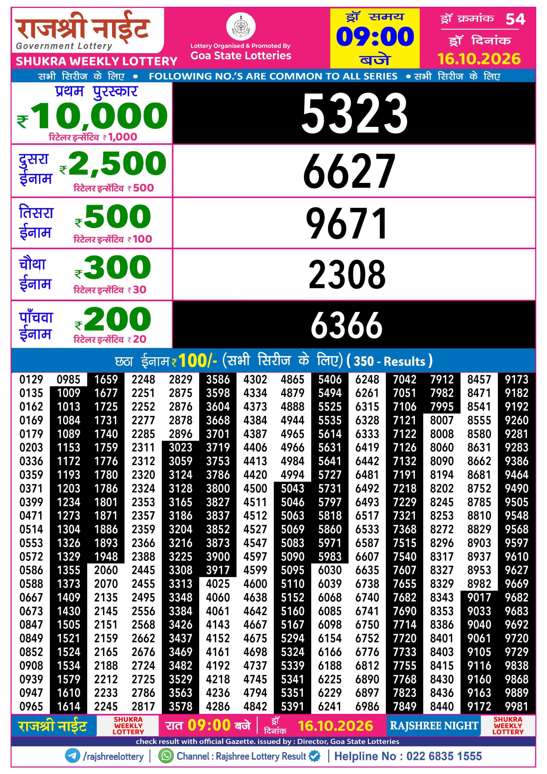 Rajshree Night 9 PM Result 16 October 2026